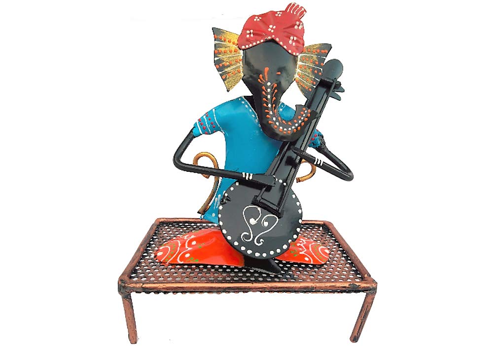 Apnisanskriti Home Decorative Handicraft Lord Ganesha with Musical Instruments with Antique Handmade Work (15 X 9.5 X 12 CM Each) - Multi Color - Brass - Pack of 3