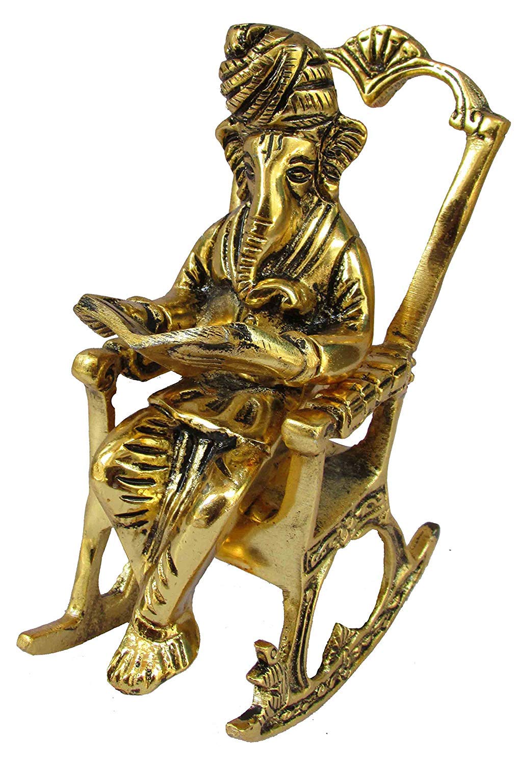 Apnisanskriti Home Decorative Handicraft Rajasthani Lord Ganesha Reading ramayan on Chair with Antique Handmade Work (16.5 X 7 X 10.5 CM) - Multi Color - Brass