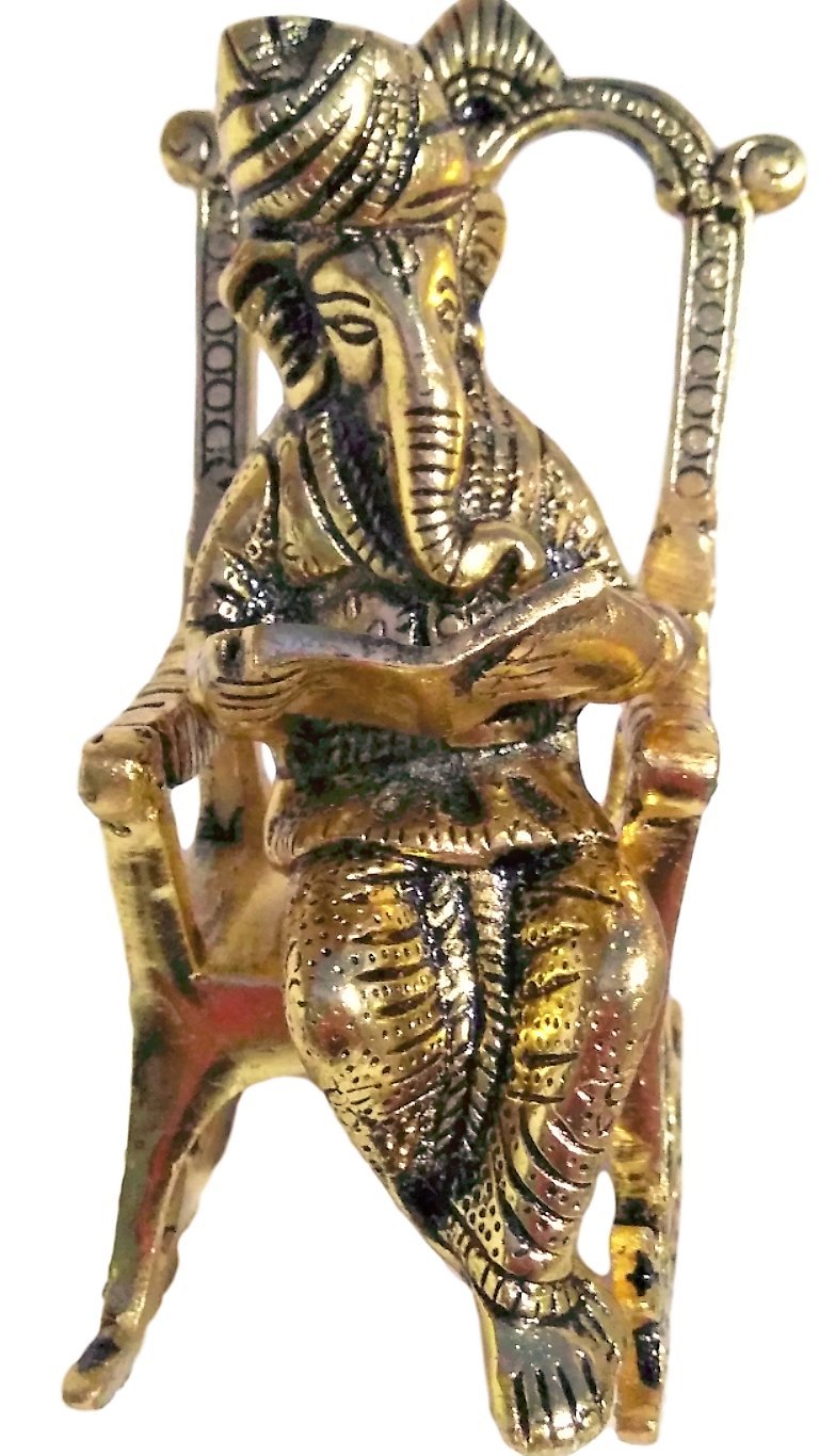 Apnisanskriti Home Decorative Handicraft Rajasthani Lord Ganesha Reading ramayan on Chair with Antique Handmade Work (16.5 X 7 X 10.5 CM) - Multi Color - Brass