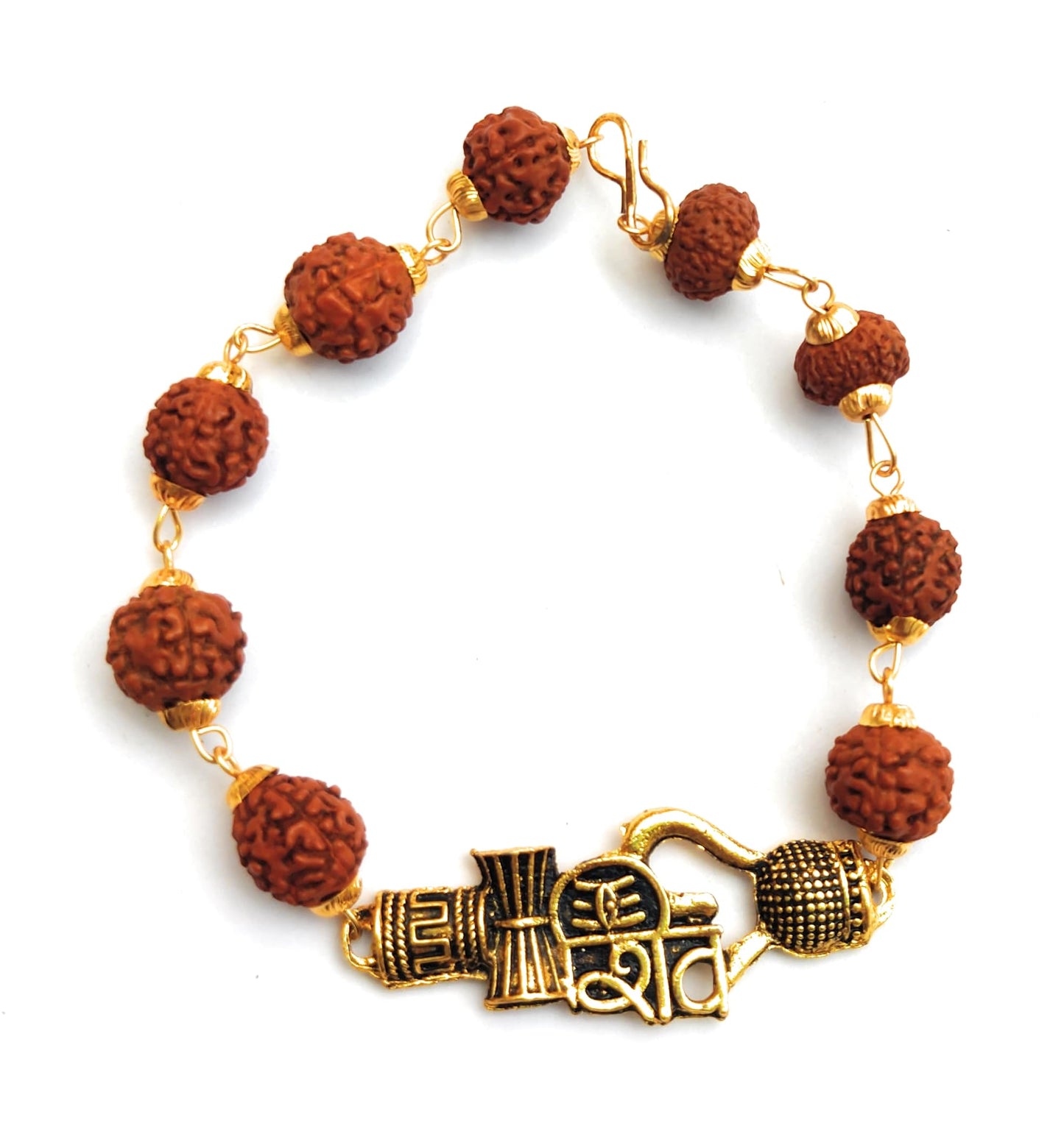 Apnisanskriti Premium Rudrakasha Rakhi Bracelet Golden Cap Shiv with Damru Kamandal or Trishul for Men and Women (Free Size, AAA Quality)