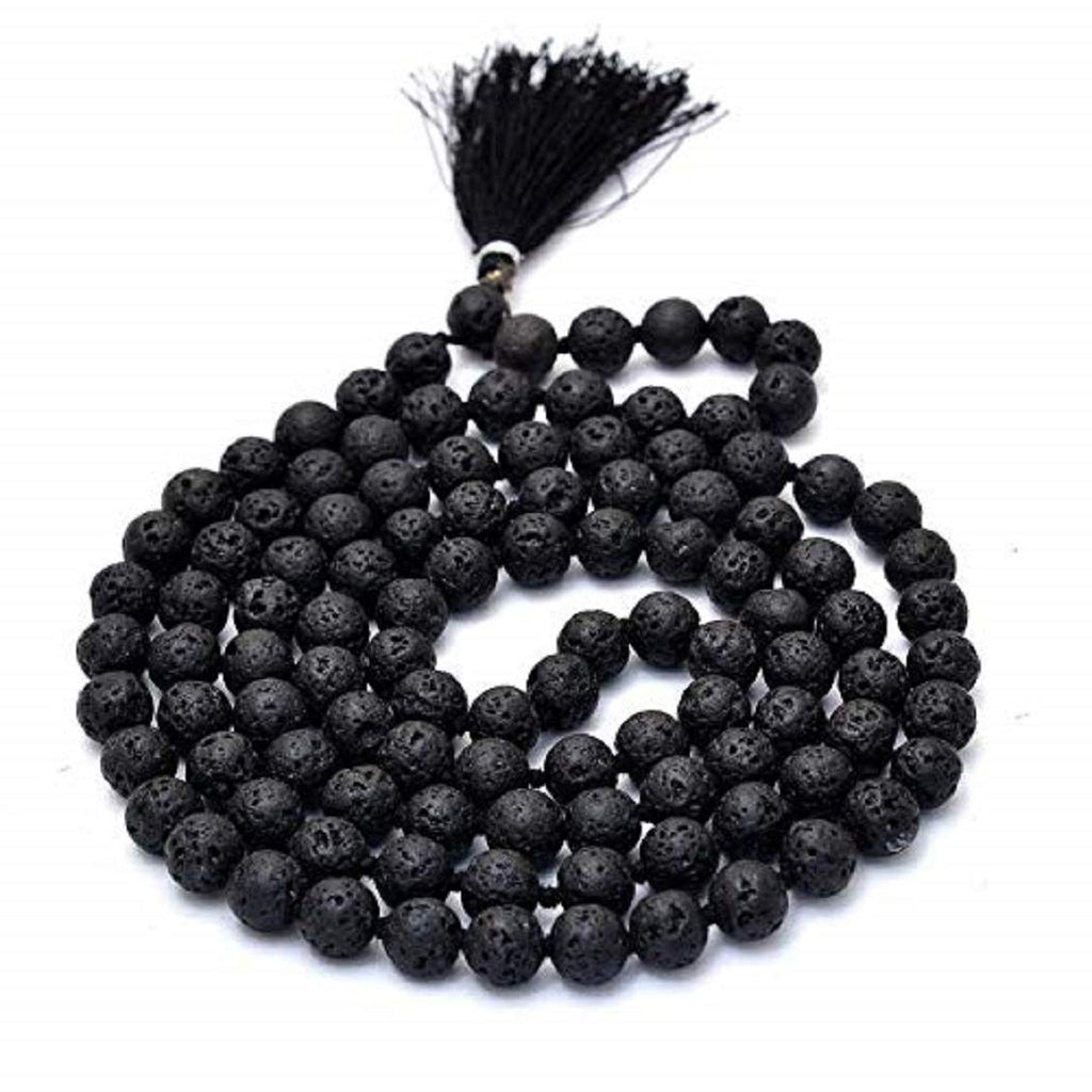 Apnisanskriti Black Valcano Lava Stone Mala for Men and Women (27 Inch, 108+1, Lab Certified) - A+ Black Rare Jwala Mukhi Stone - Pack of 1