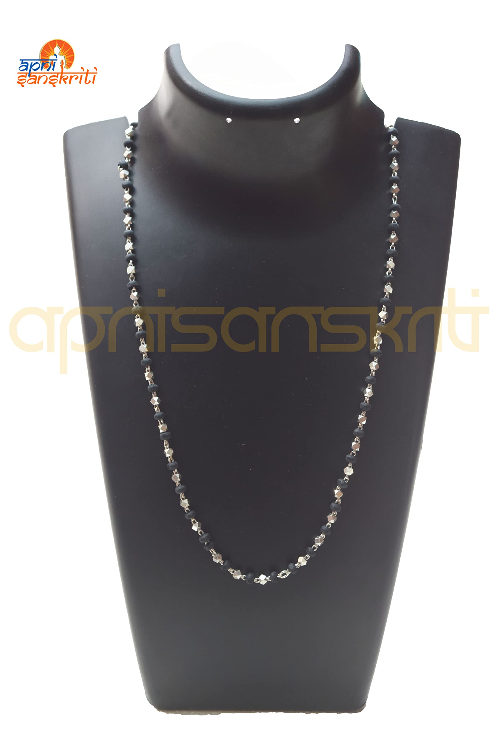 Apnisanskriti Black & White Tulsi Mala in Silver Designer Caps - Special Edition Big Size - Natural White Tulsi Beads - Pure Silver