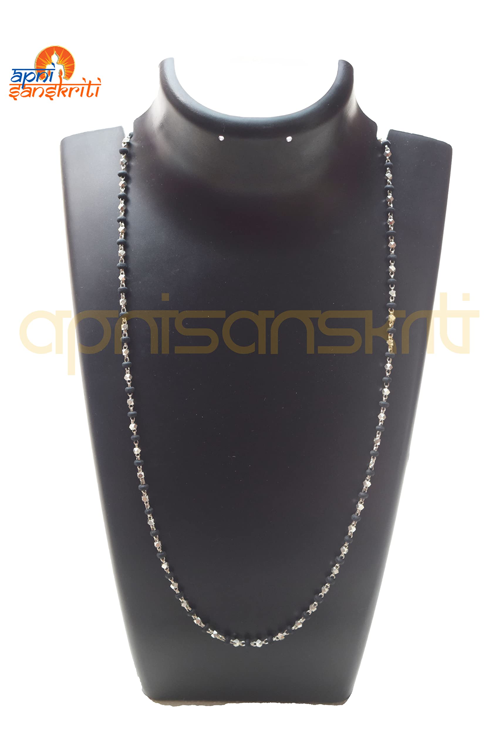 Apnisanskriti Black & White Tulsi Mala in Silver Designer Caps - Special Edition Big Size - Natural White Tulsi Beads - Pure Silver