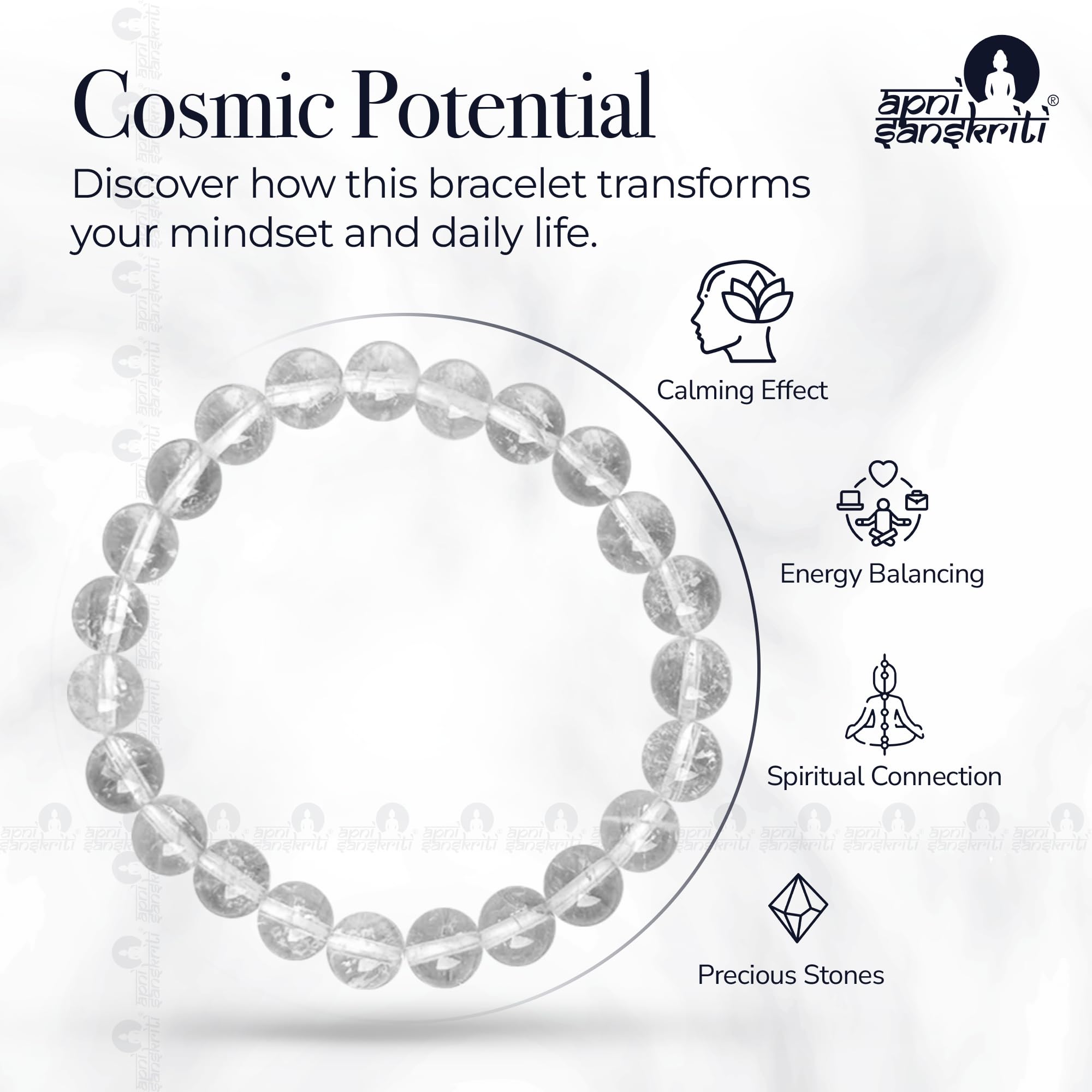 Apnisanskriti Certified Stone Bracelet (8mm) – Natural Reiki Feng Shui Round Gemstone – Free Size for Men & Women