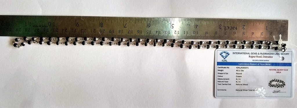 Apnisanskriti Black & White Tulsi Mala in Silver Designer Caps - Special Edition Big Size - Natural White Tulsi Beads - Pure Silver