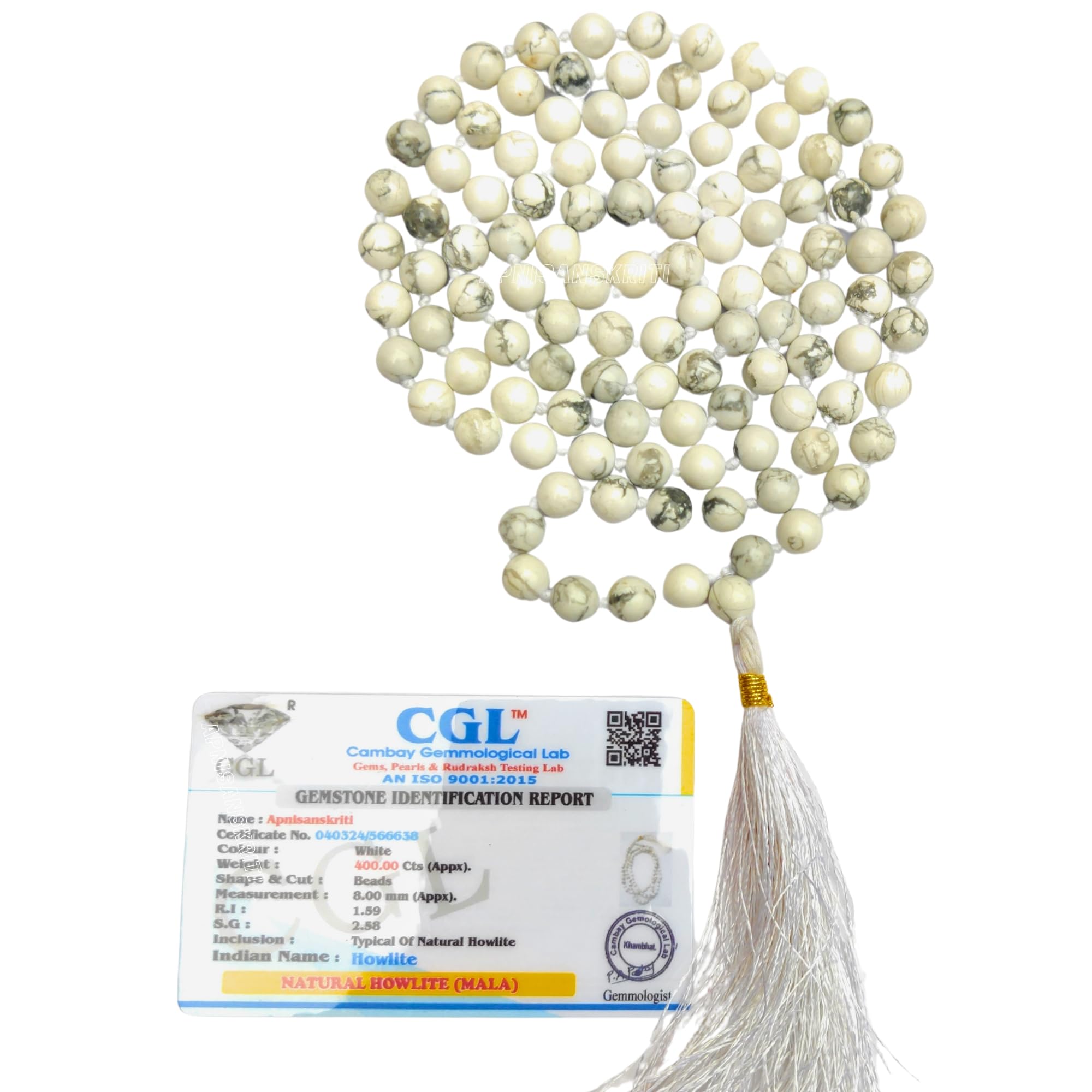 Apnisanskriti 8mm Howlite Mala - Calming Beads for Stress Relief and Spiritual Balance (Pack of 1)