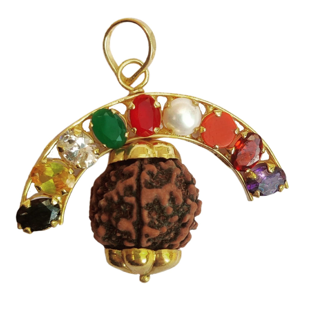 Apnisanskriti Certified Rudrakasha Locket With Golden Cap 9 Graha for Men and Women- Brown - Natural Rudraksha Beads - Pack of 1