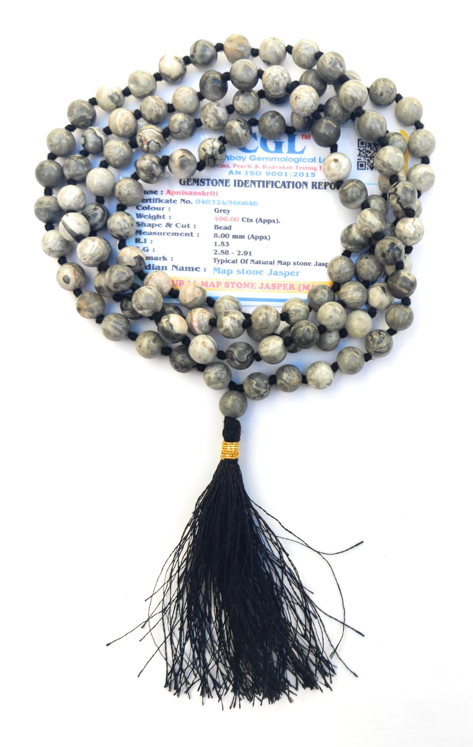 Apnisanskriti 8mm Map Stone Mala - Grounding Beads for Stability and Spiritual Insight (Pack of 1)