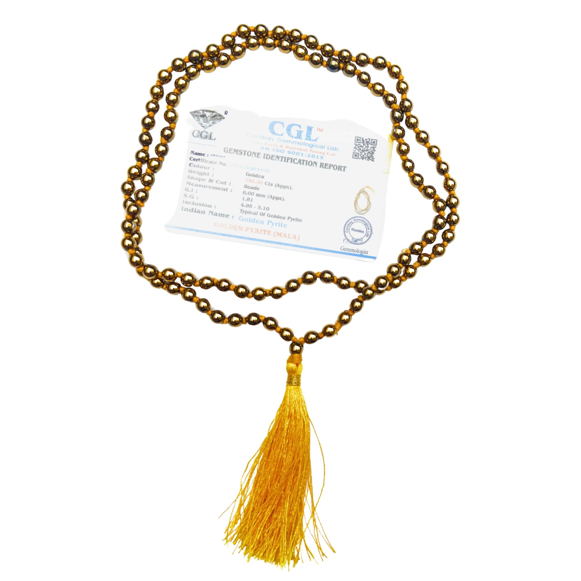 Apnisanskriti 6mm Golden Pyrite Mala - Energizing Beads for Prosperity and Spiritual Clarity (Pack of 1)