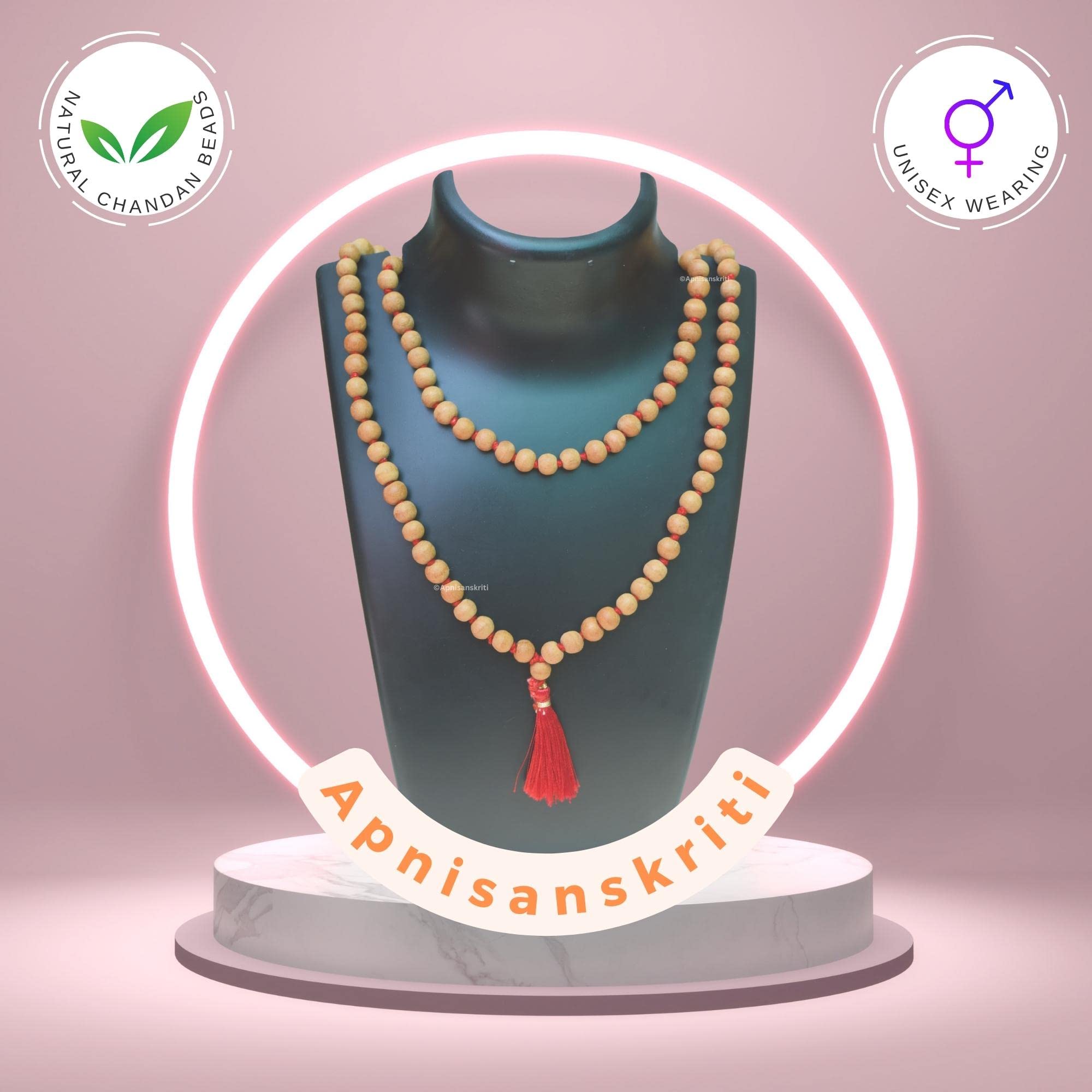 Apnisanskriti Chandan Mala (Sandalwood Rosary) for Jaap and for Men and Women Wearing (8mm, Large Size, 108+1 Beads, Lab Certified ) - Natural Chandan Beads - Pack of 1
