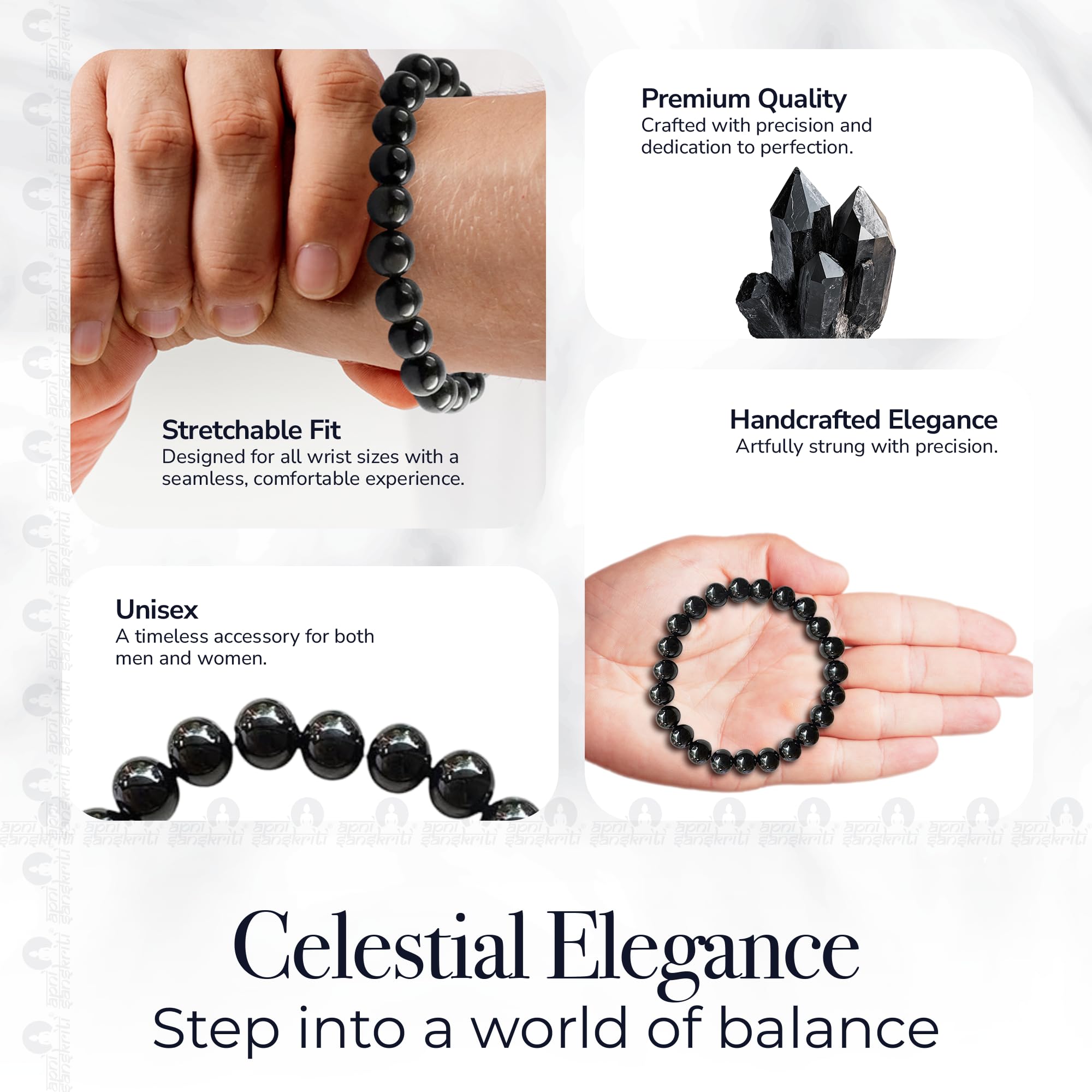 Apnisanskriti Certified Stone Bracelet (8mm) – Natural Reiki Feng Shui Round Gemstone – Free Size for Men & Women