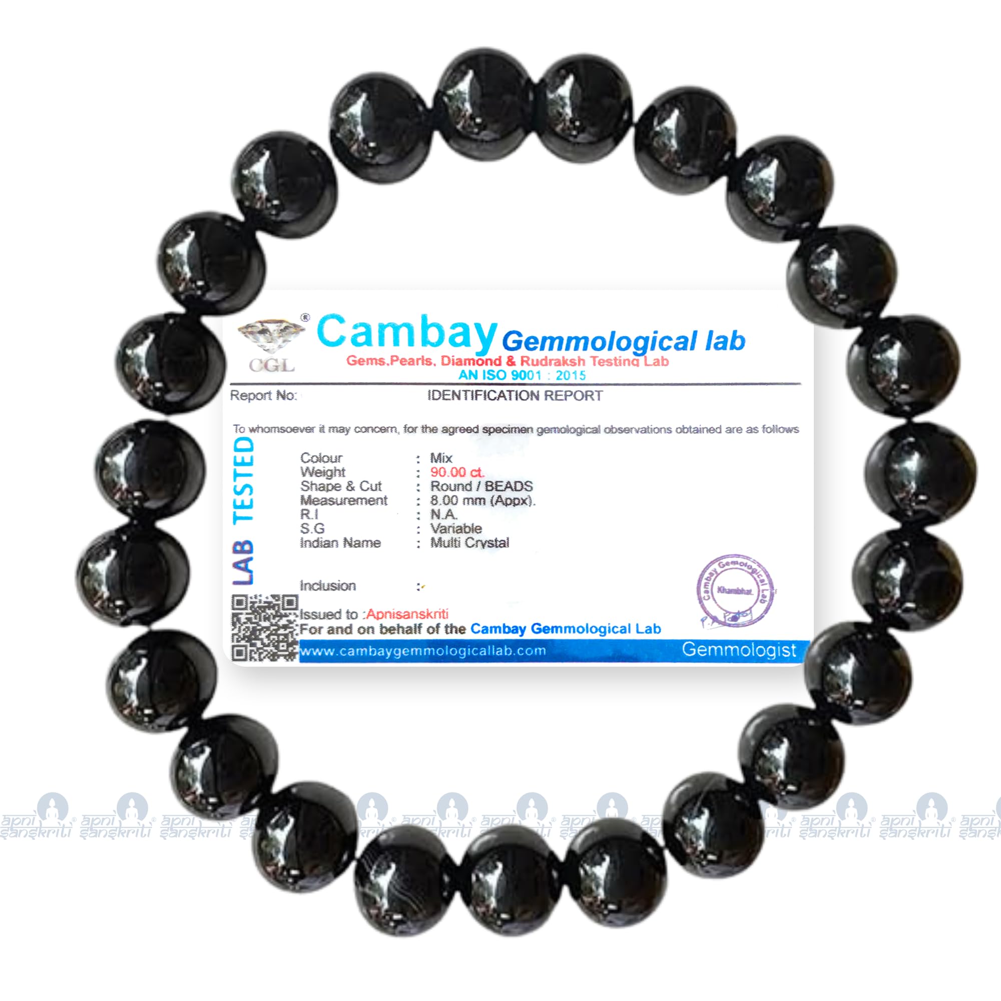 Apnisanskriti Certified Stone Bracelet (8mm) – Natural Reiki Feng Shui Round Gemstone – Free Size for Men & Women