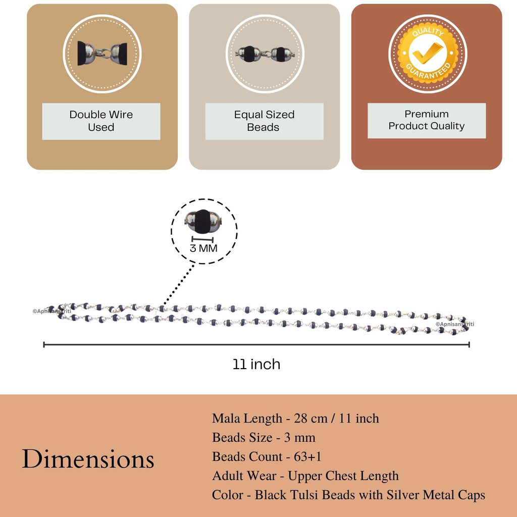 Apnisanskriti Black Tulsi Mala In Silver Designer Caps (3-4 mm, 55 beads, Lab Certified ) - Natural Black Tulsi Beads - Silver Plated- Pack of 1