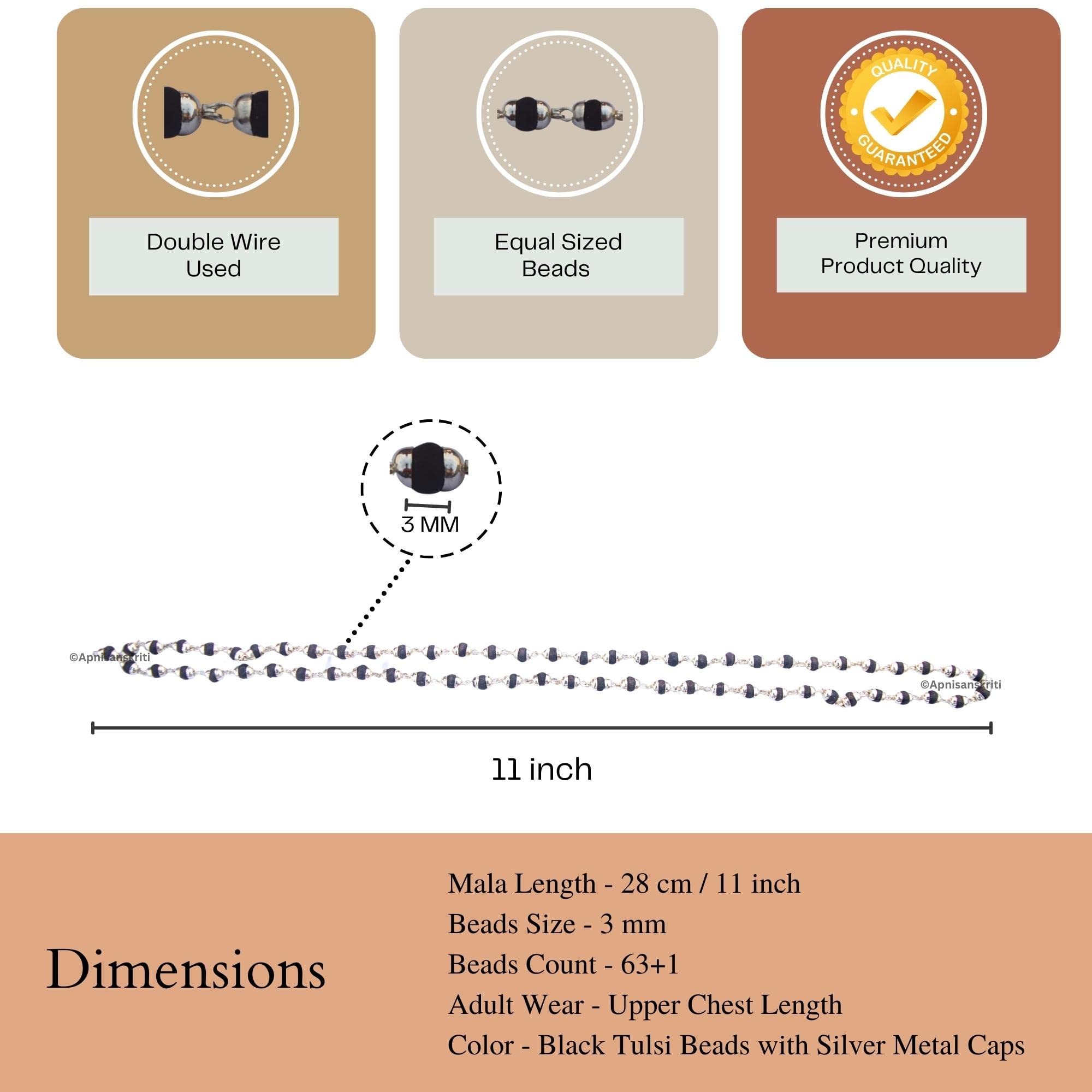 Apnisanskriti Black Tulsi Mala In Silver Designer Caps (3-4 mm, 55 beads, Lab Certified ) - Natural Black Tulsi Beads - Silver Plated- Pack of 1