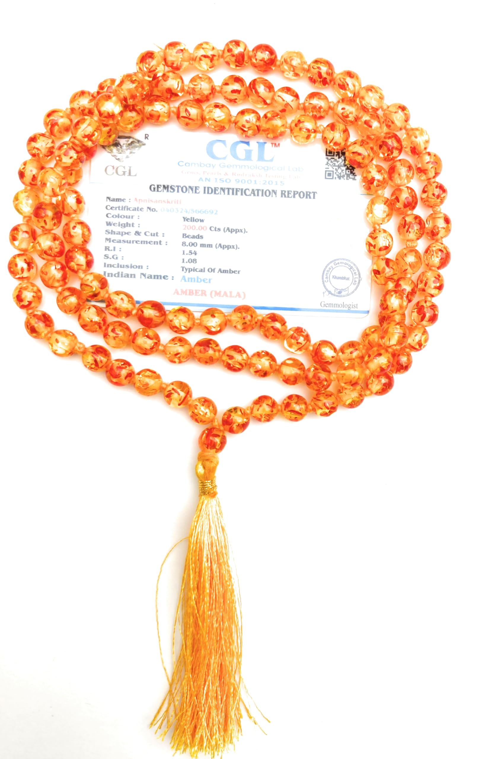 Apnisanskriti Premium 8mm Amber Mala - Warmth and Healing Energy for Spiritual Wellness (Pack of 1)