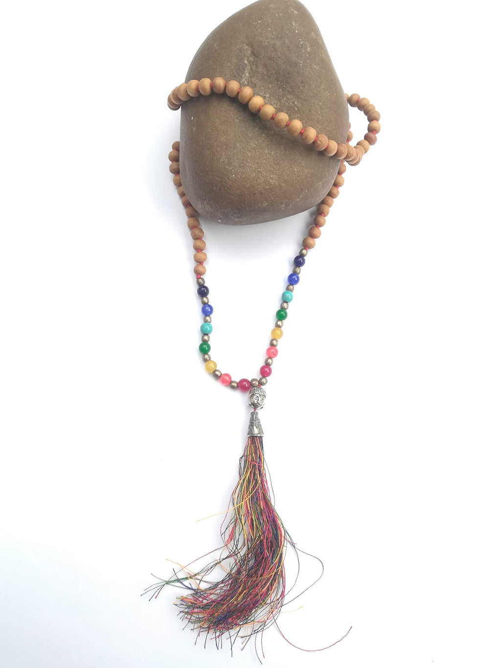 Apnisanskriti Chandan Mala (Sandalwood Rosary) with 7 Chakra and Buddha Face for Japa and Men / Women Wearing (6mm, Medium Bead Size, 108+1 Beads, Lab Certified) - 100% Natural Light Brown Chandan Beads - Pack of 1