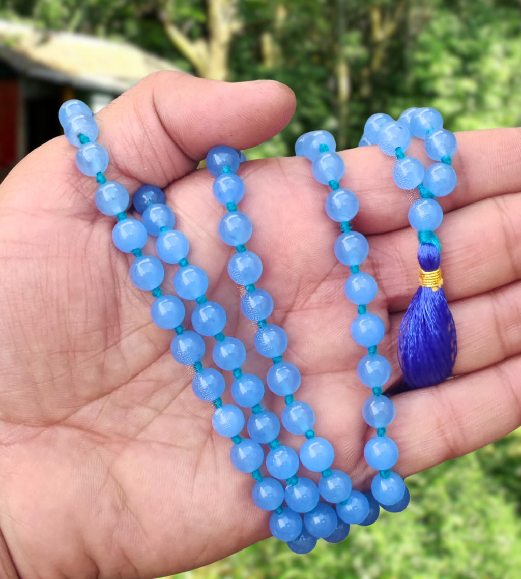 Apnisanskriti 8mm Blue Chalcedony Mala - Serenity and Communication in Spiritual Practice (Pack of 1)