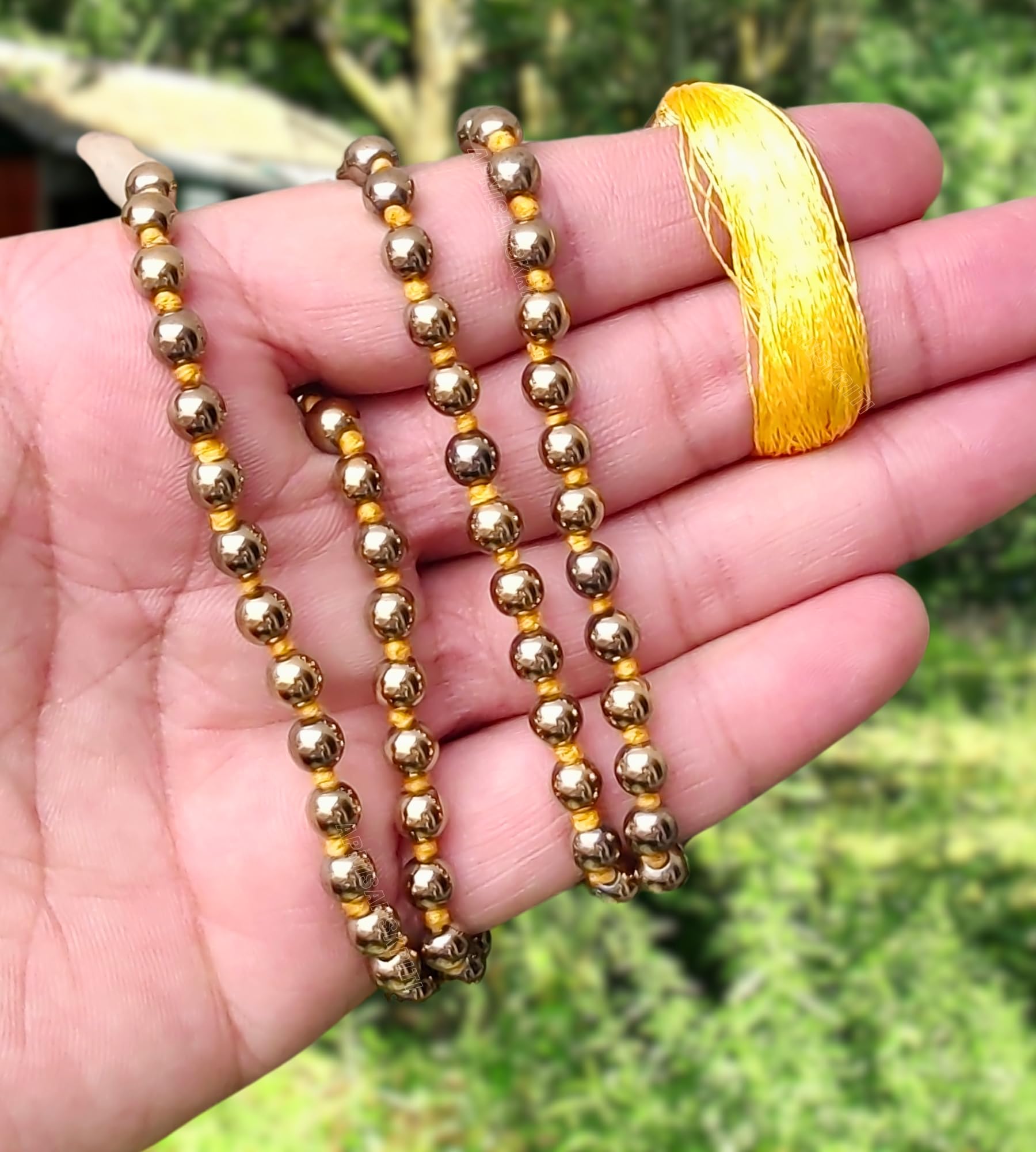 Apnisanskriti 6mm Golden Pyrite Mala - Energizing Beads for Prosperity and Spiritual Clarity (Pack of 1)