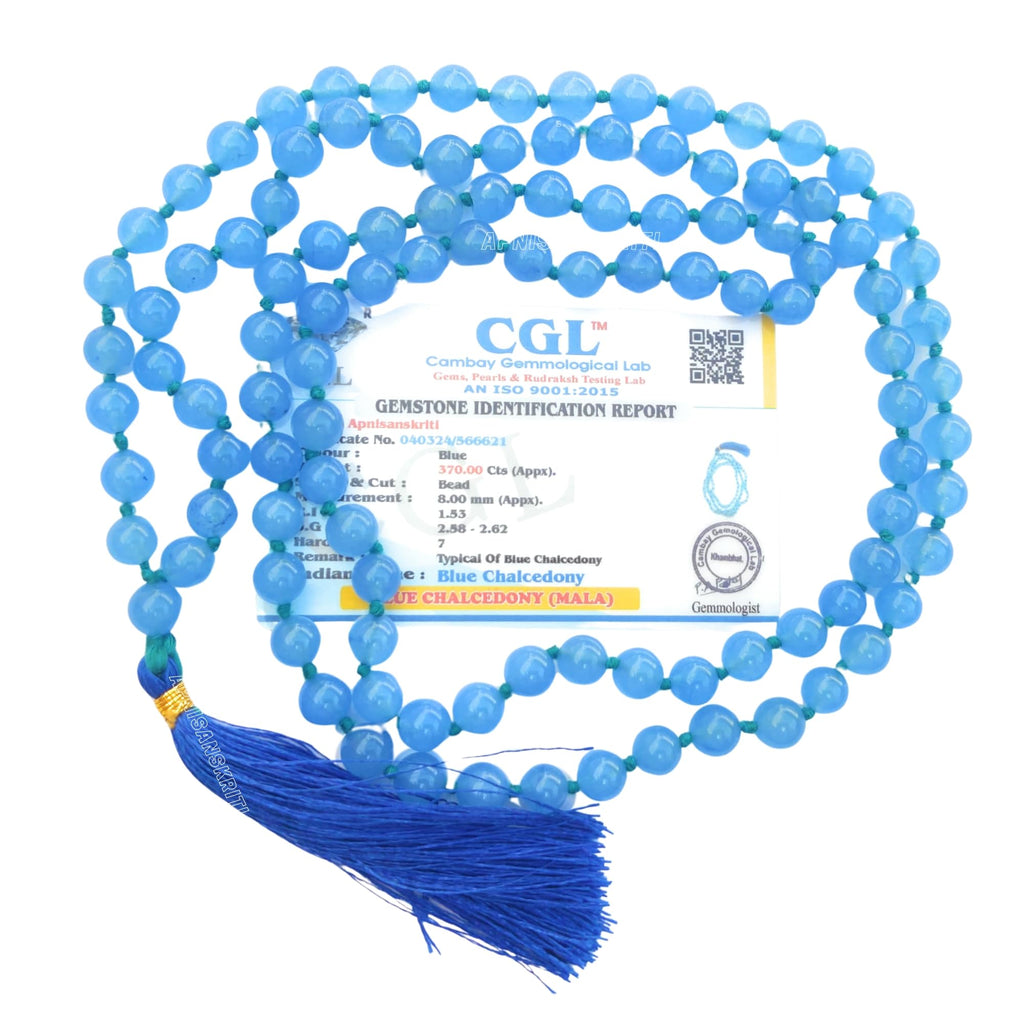 Apnisanskriti 8mm Blue Chalcedony Mala - Serenity and Communication in Spiritual Practice (Pack of 1)