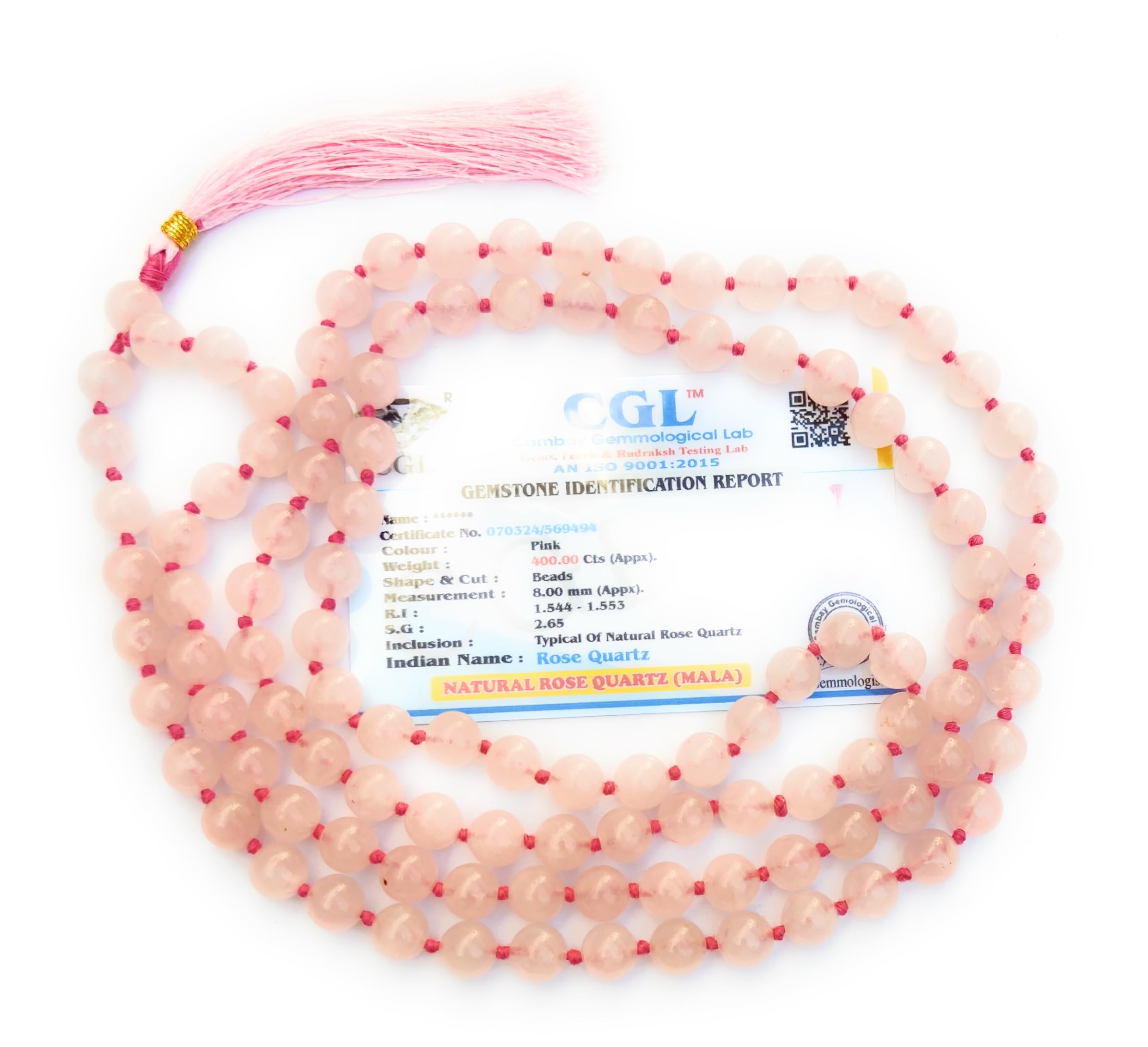 Apnisanskriti 8mm Rose Quartz Mala - Love and Compassion in Spiritual Awakening (Pack of 1)