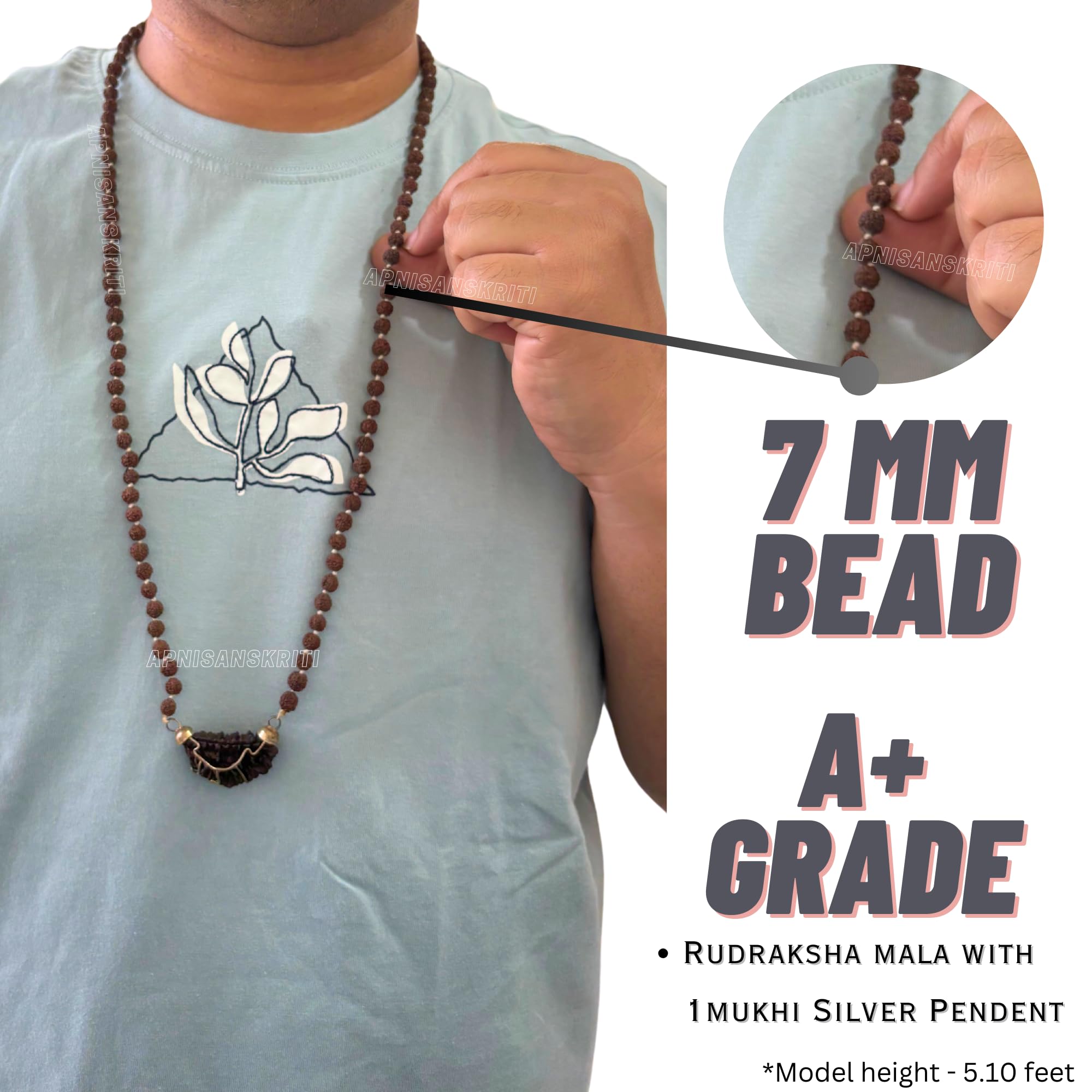 Apnisanskriti Ek Mukhi Black Rudraksha with Rudraksha Mala (7mm, 108+1 Beads, Lab Certified) - Natural Rudraksha Beads -Pack of 1