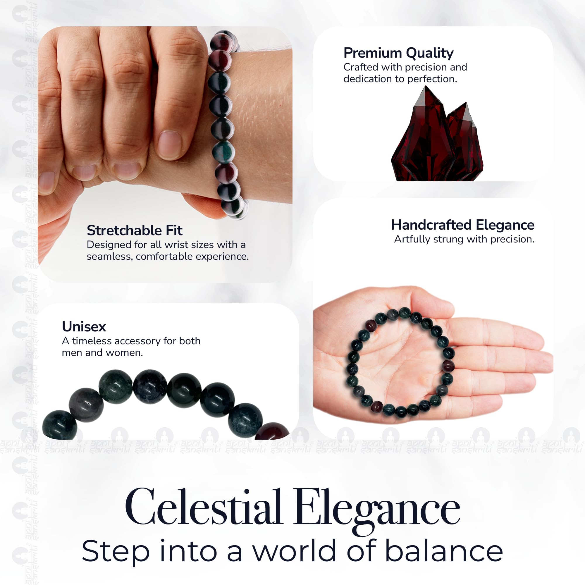 Apnisanskriti Certified Stone Bracelet (8mm) – Natural Reiki Feng Shui Round Gemstone – Free Size for Men & Women