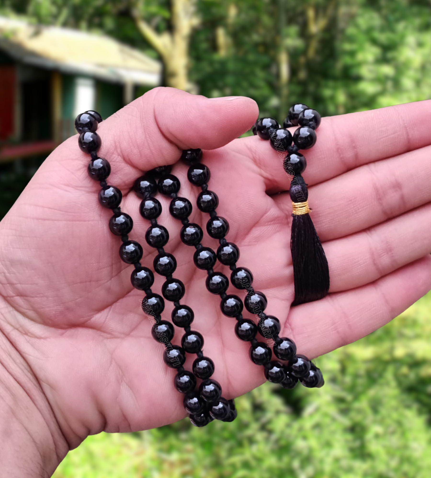 Apnisanskriti Premium 8mm Black Onyx Shine Mala - Elegant Beads for Strength and Spiritual Balance (Pack of 1)