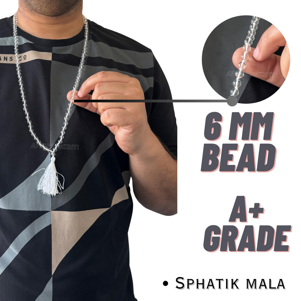 Apnisanskriti 6mm Sphatik Mala with Tussle (108+1 Beads) | Natural & Lab Certified | Spadigam Malai | Crystal Jaap Mala for Pooja and Wearing (24 inch)