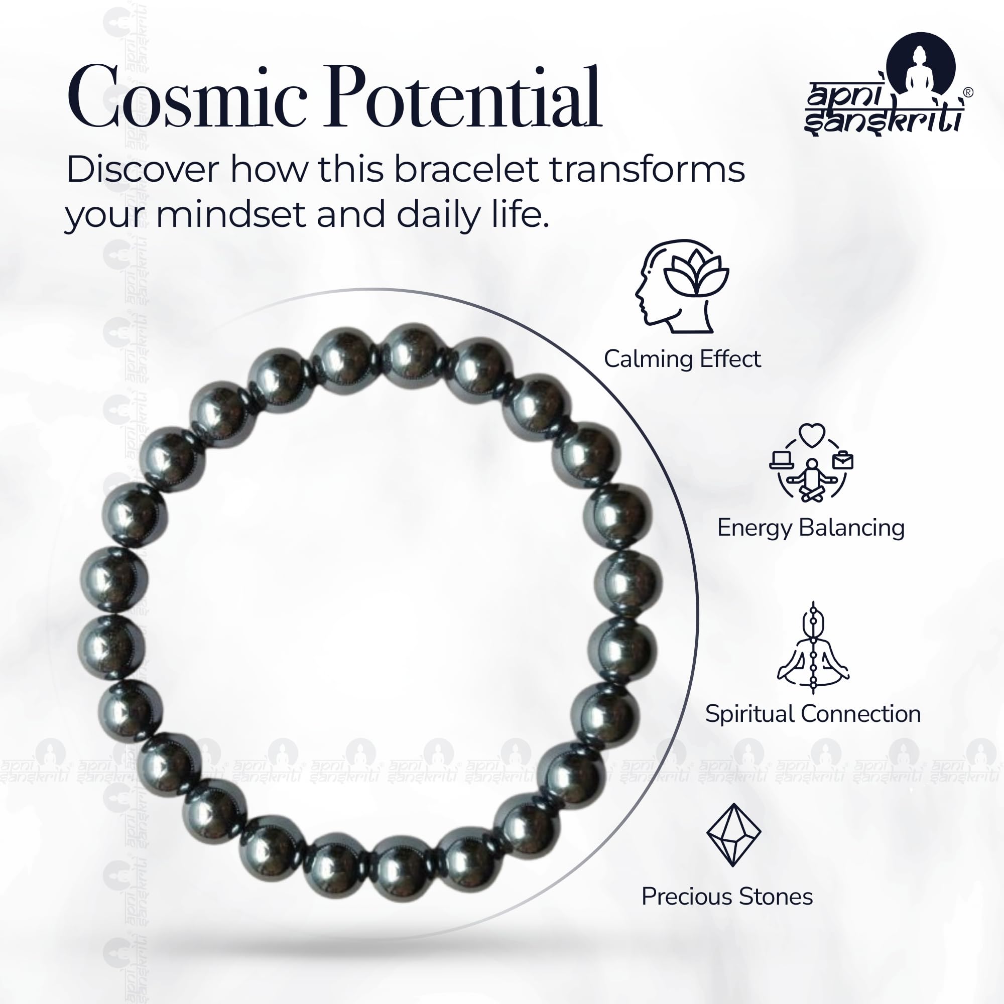 Apnisanskriti Certified Stone Bracelet (8mm) – Natural Reiki Feng Shui Round Gemstone – Free Size for Men & Women