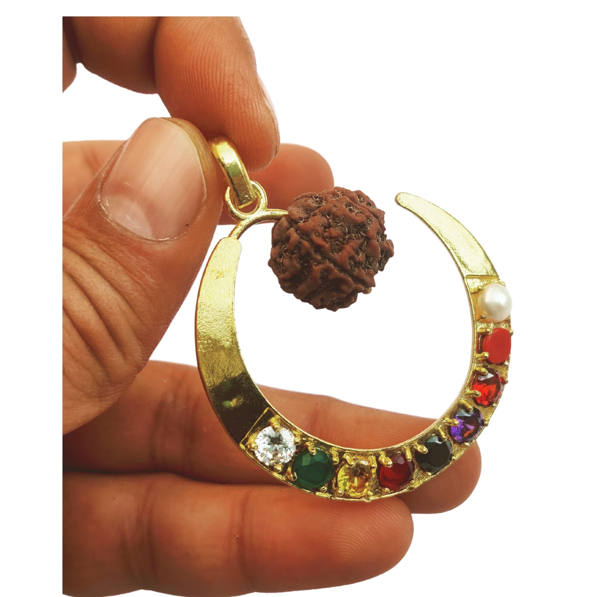 Apnisanskriti Certified Chand Shape 9graha Rudrakasha Locket for Men and Women- Brown - Natural Rudraksha Beads - Pack of 1