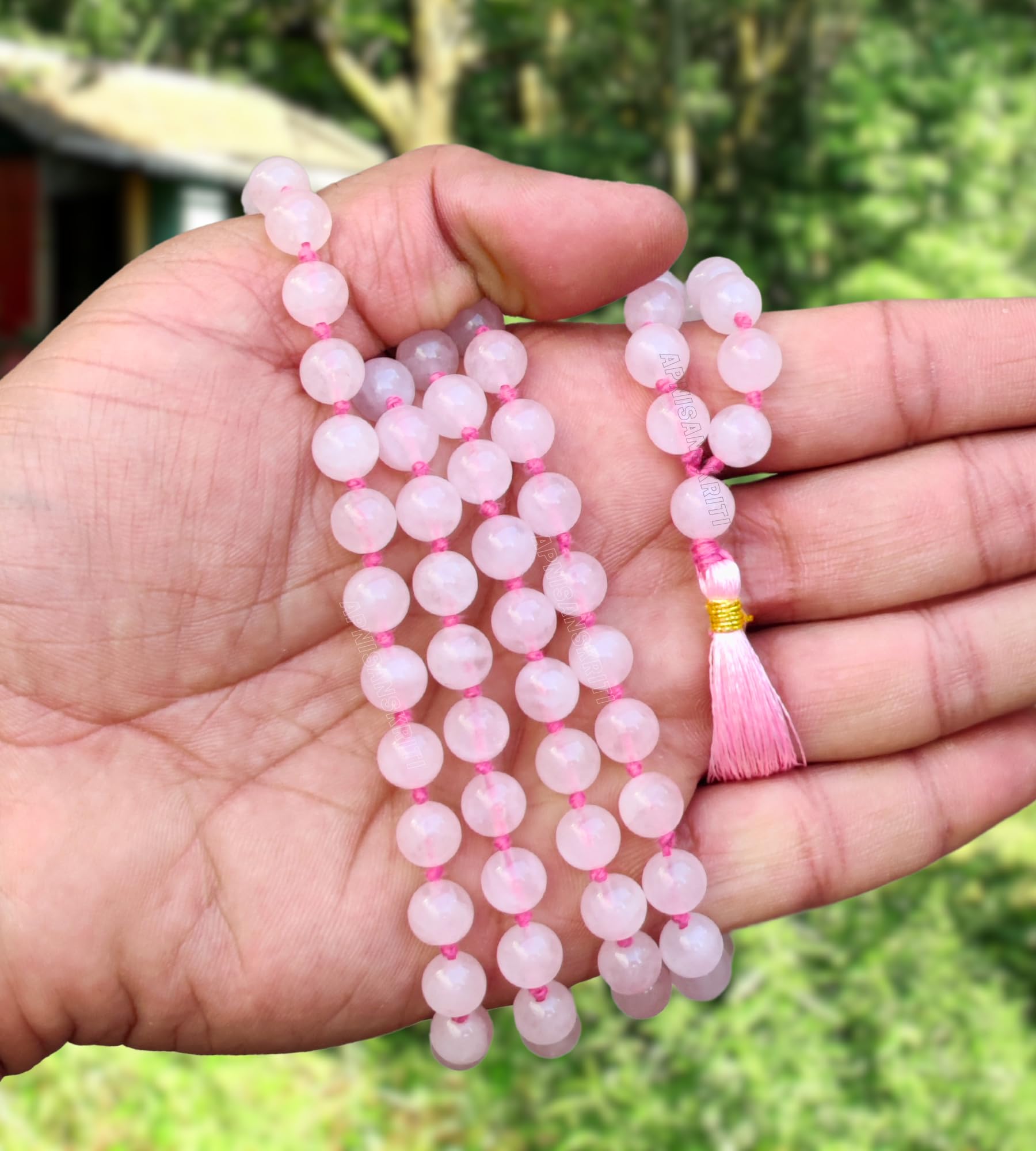 Apnisanskriti 8mm Rose Quartz Mala - Love and Compassion in Spiritual Awakening (Pack of 1)