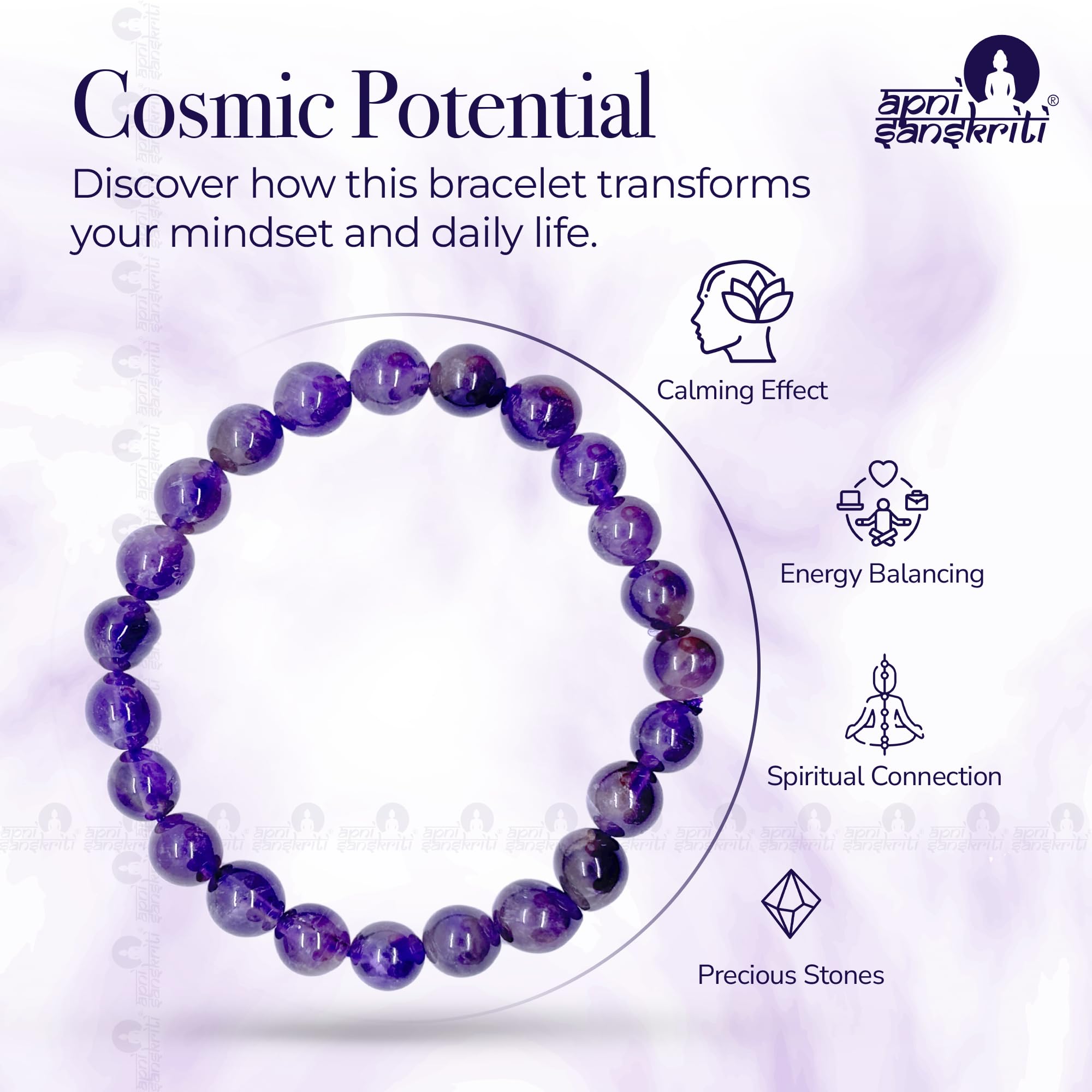Apnisanskriti Certified Stone Bracelet (8mm) – Natural Reiki Feng Shui Round Gemstone – Free Size for Men & Women