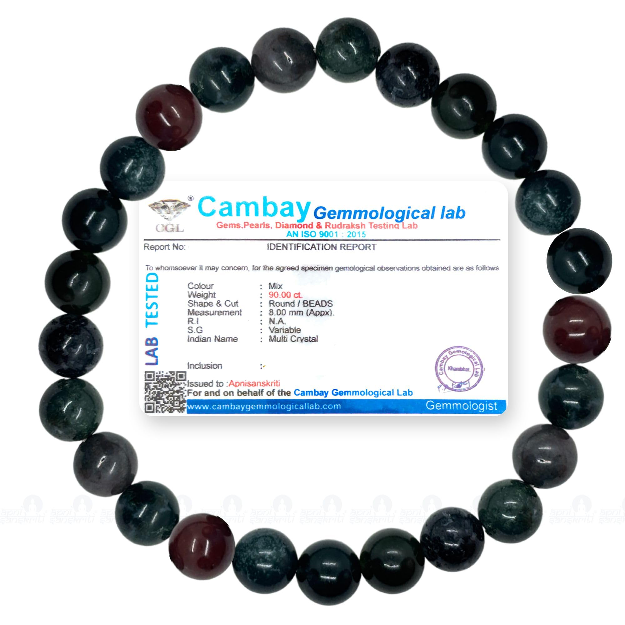 Apnisanskriti Certified Stone Bracelet (8mm) – Natural Reiki Feng Shui Round Gemstone – Free Size for Men & Women