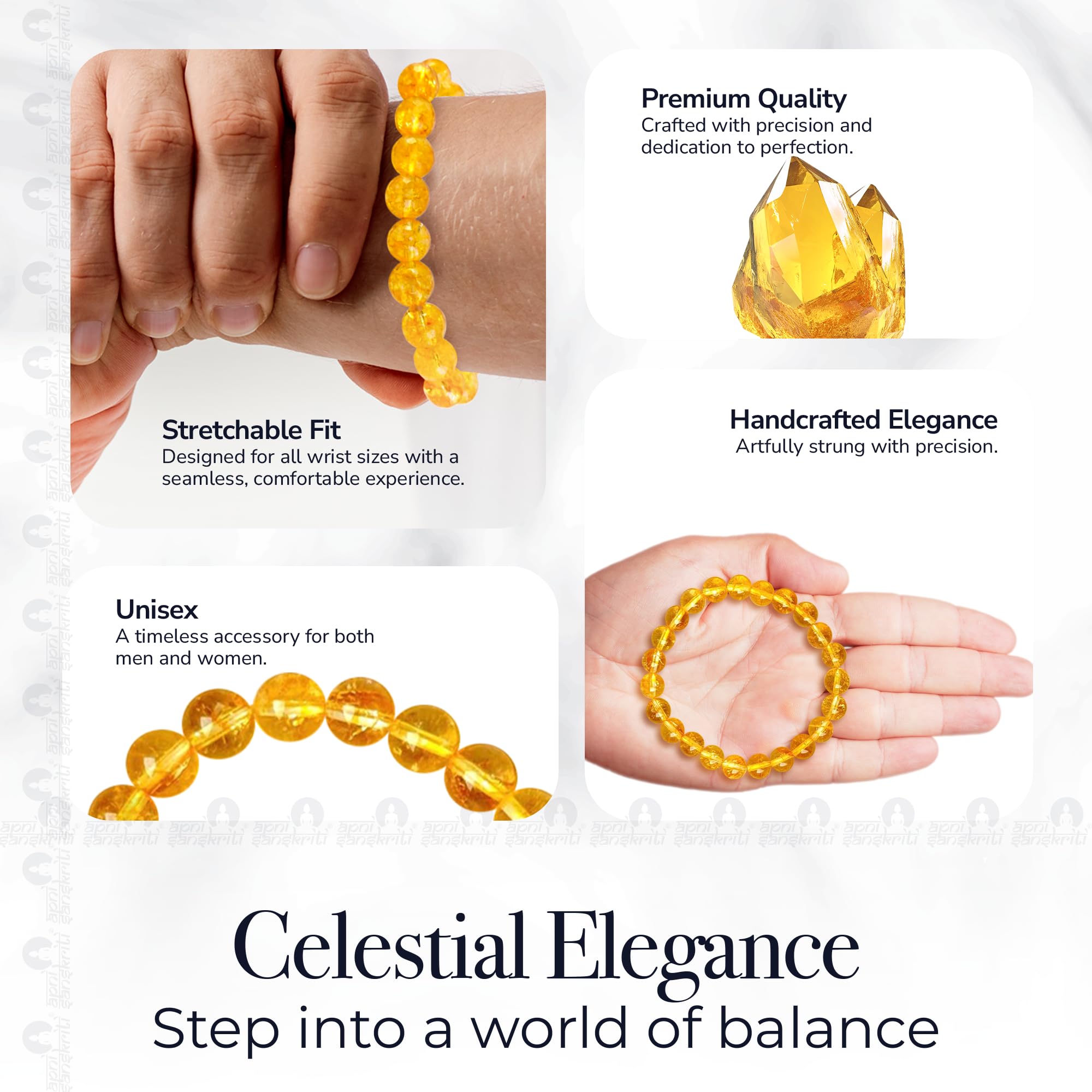 Apnisanskriti Certified Stone Bracelet (8mm) – Natural Reiki Feng Shui Round Gemstone – Free Size for Men & Women