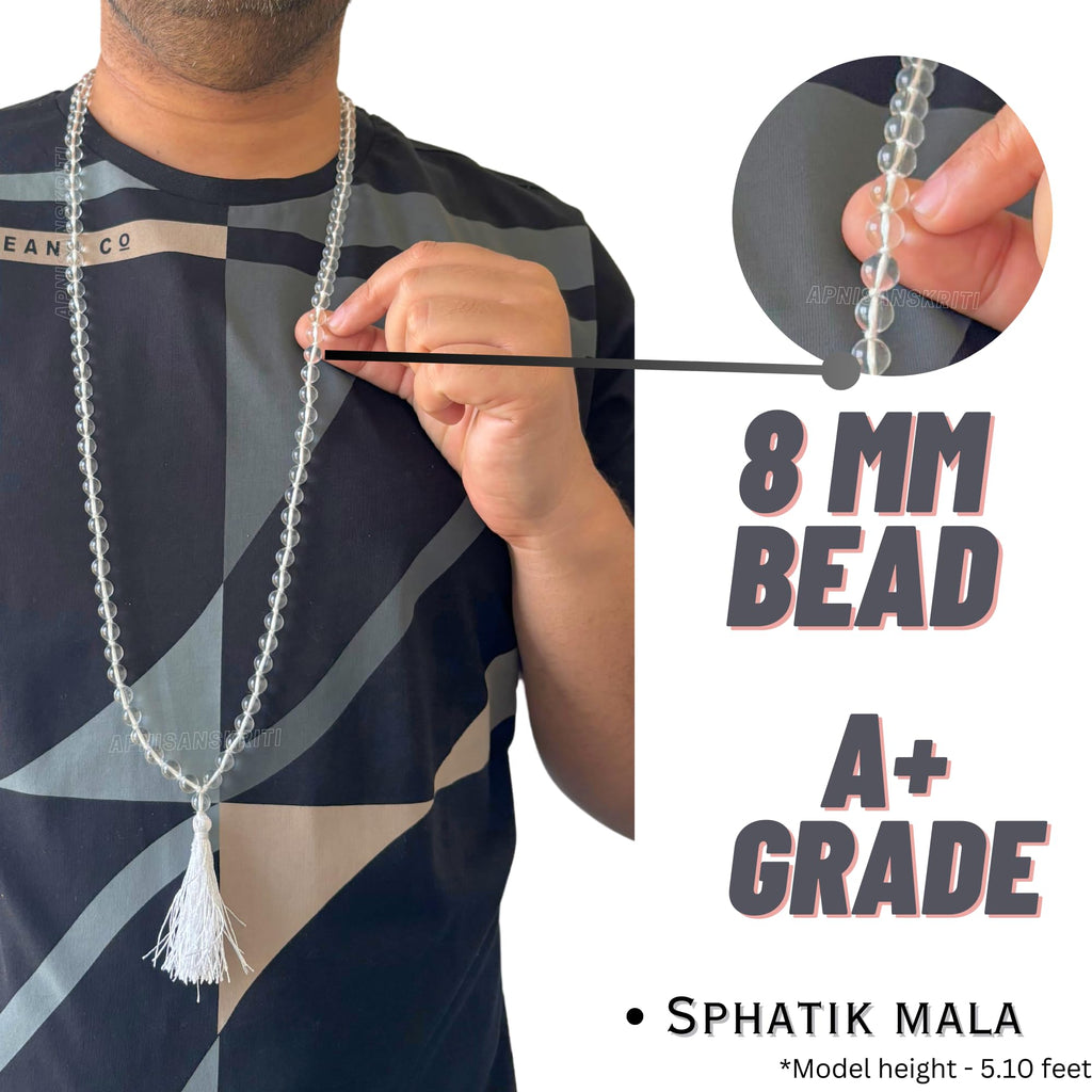 Apnisanskriti 8mm Sphatik Mala with Tussle (108+1 Beads) | Natural & Lab Certified | Spadigam Malai | Crystal Jaap Mala for Pooja and Wearing (27 inch)