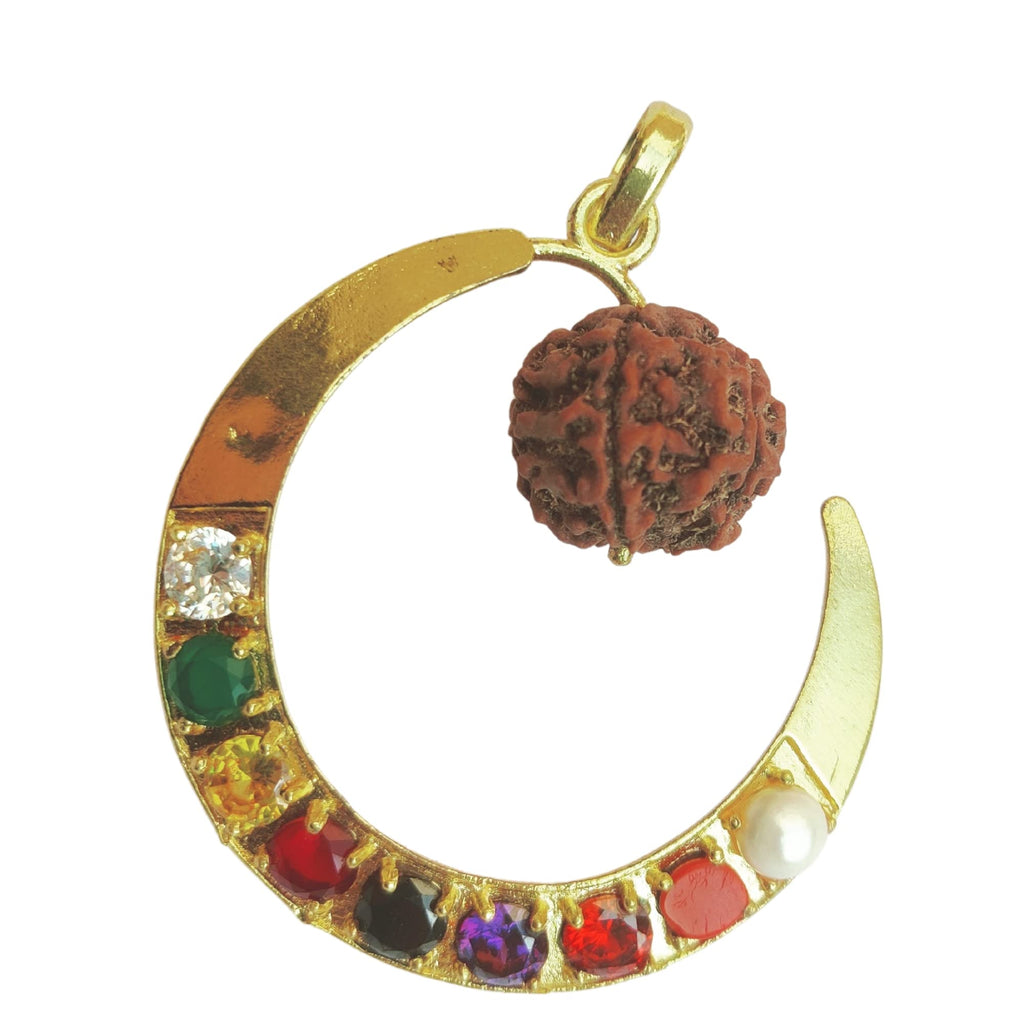 Apnisanskriti Certified Chand Shape 9graha Rudrakasha Locket for Men and Women- Brown - Natural Rudraksha Beads - Pack of 1