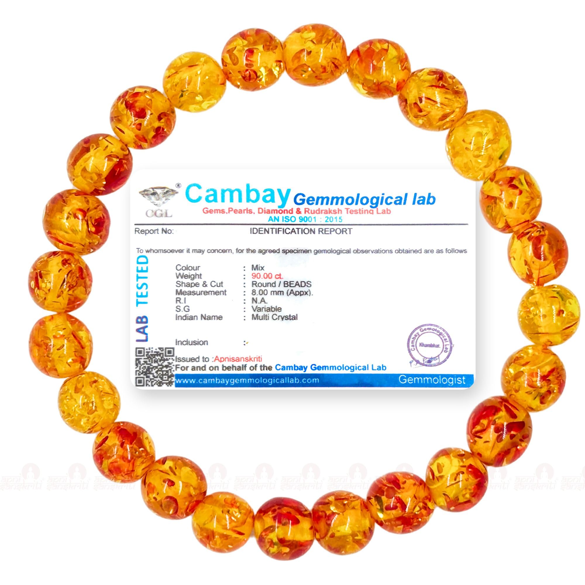 Apnisanskriti Certified Stone Bracelet (8mm) – Natural Reiki Feng Shui Round Gemstone – Free Size for Men & Women