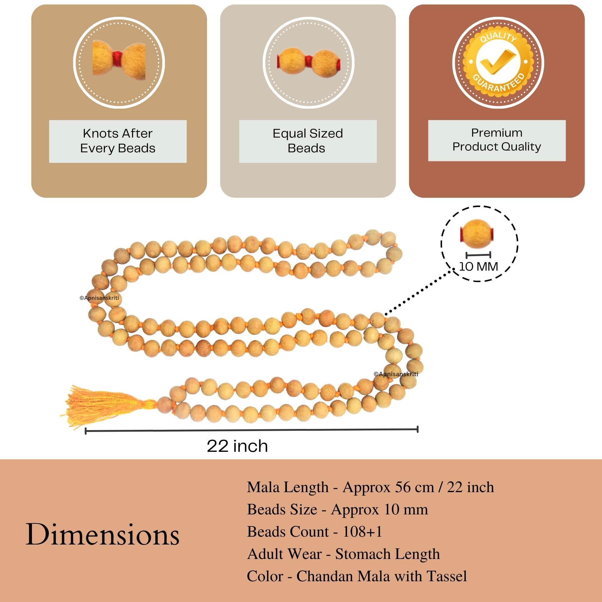 Apnisanskriti Chandan Mala Brown Sandalwood Mala for Japa (10Mm, XL Bead Size, 108+1 Beads, Lab Certified), Pack of 1