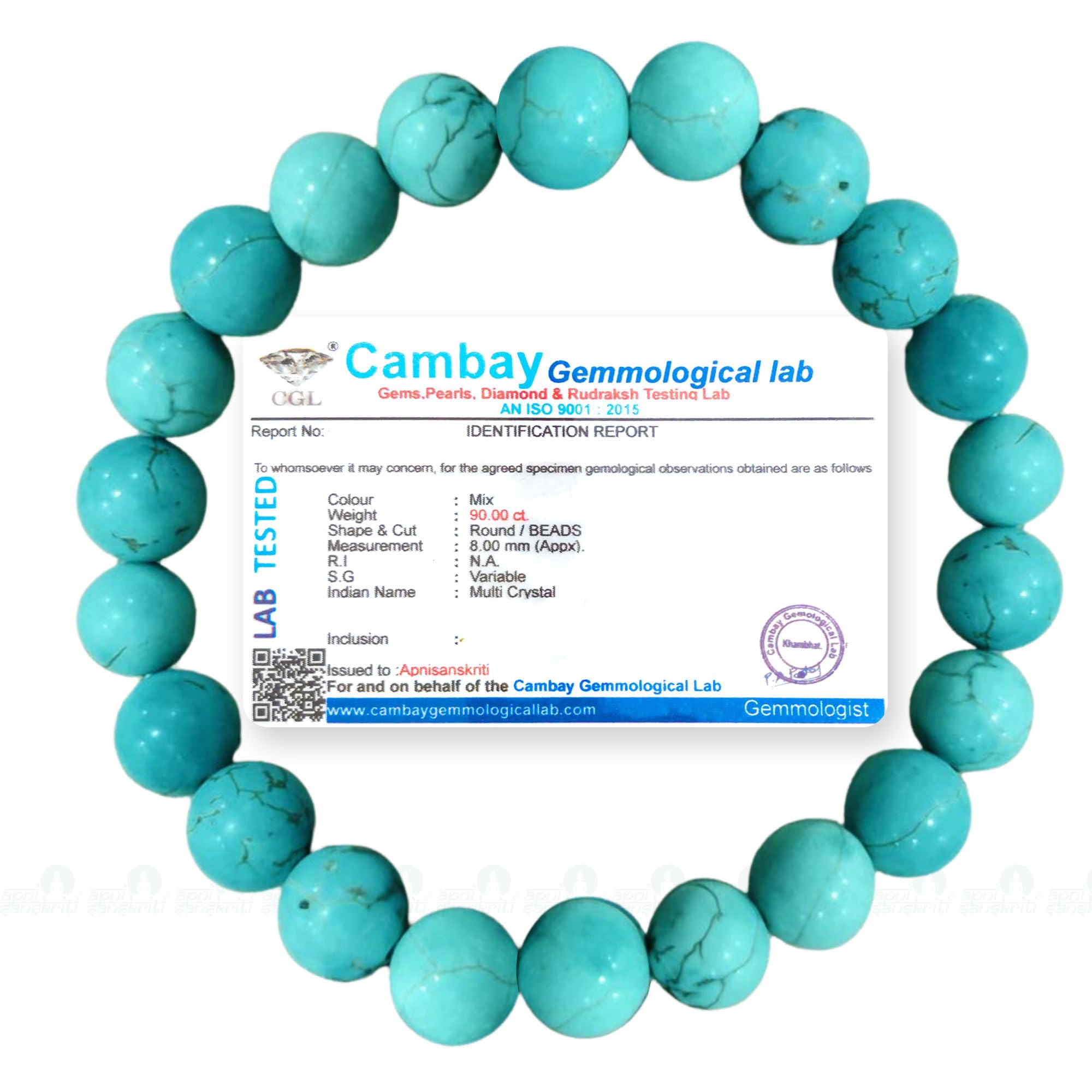 Apnisanskriti Certified Stone Bracelet (8mm) – Natural Reiki Feng Shui Round Gemstone – Free Size for Men & Women