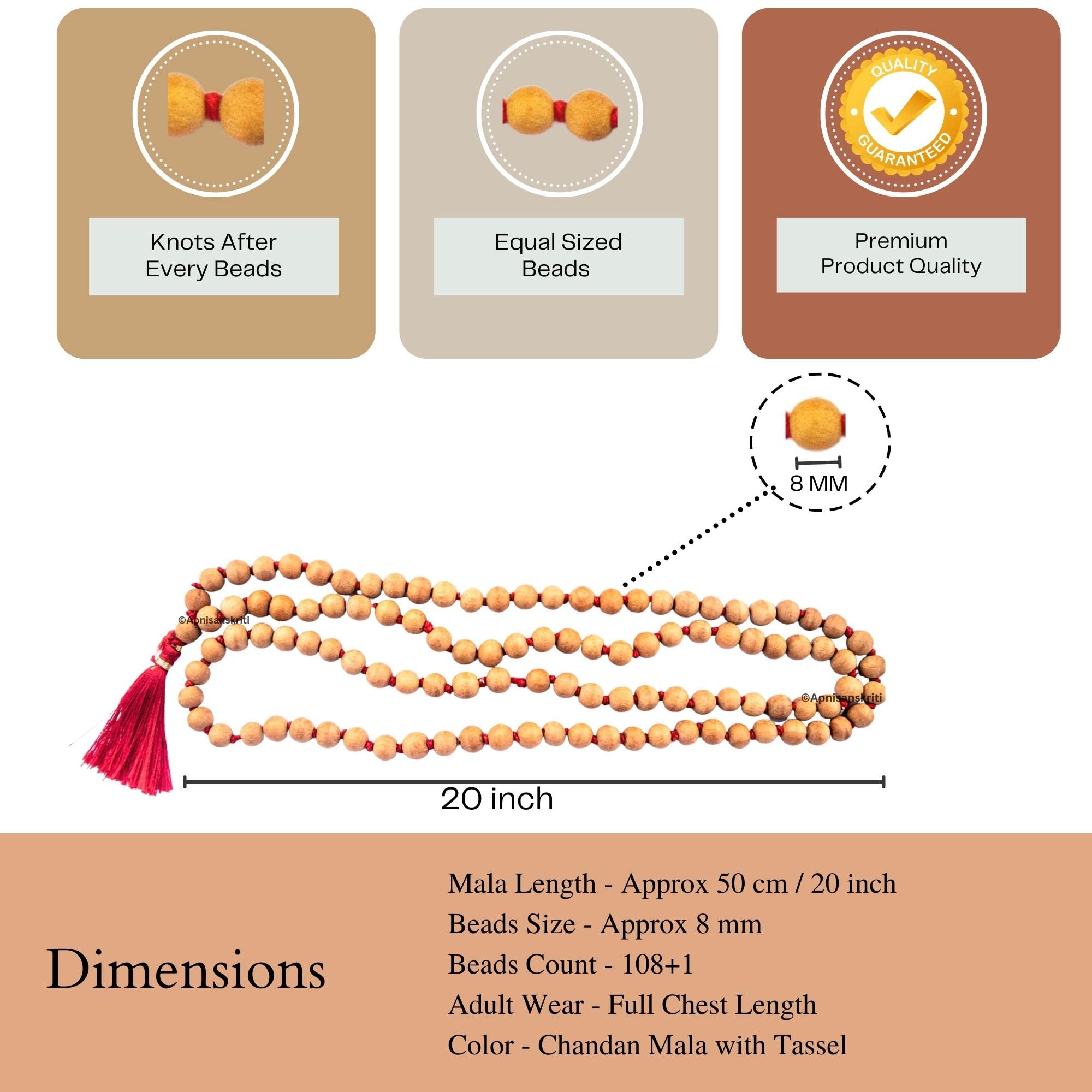 Apnisanskriti Chandan Mala (Sandalwood Rosary) for Jaap and for Men and Women Wearing (8mm, Large Size, 108+1 Beads, Lab Certified ) - Natural Chandan Beads - Pack of 1