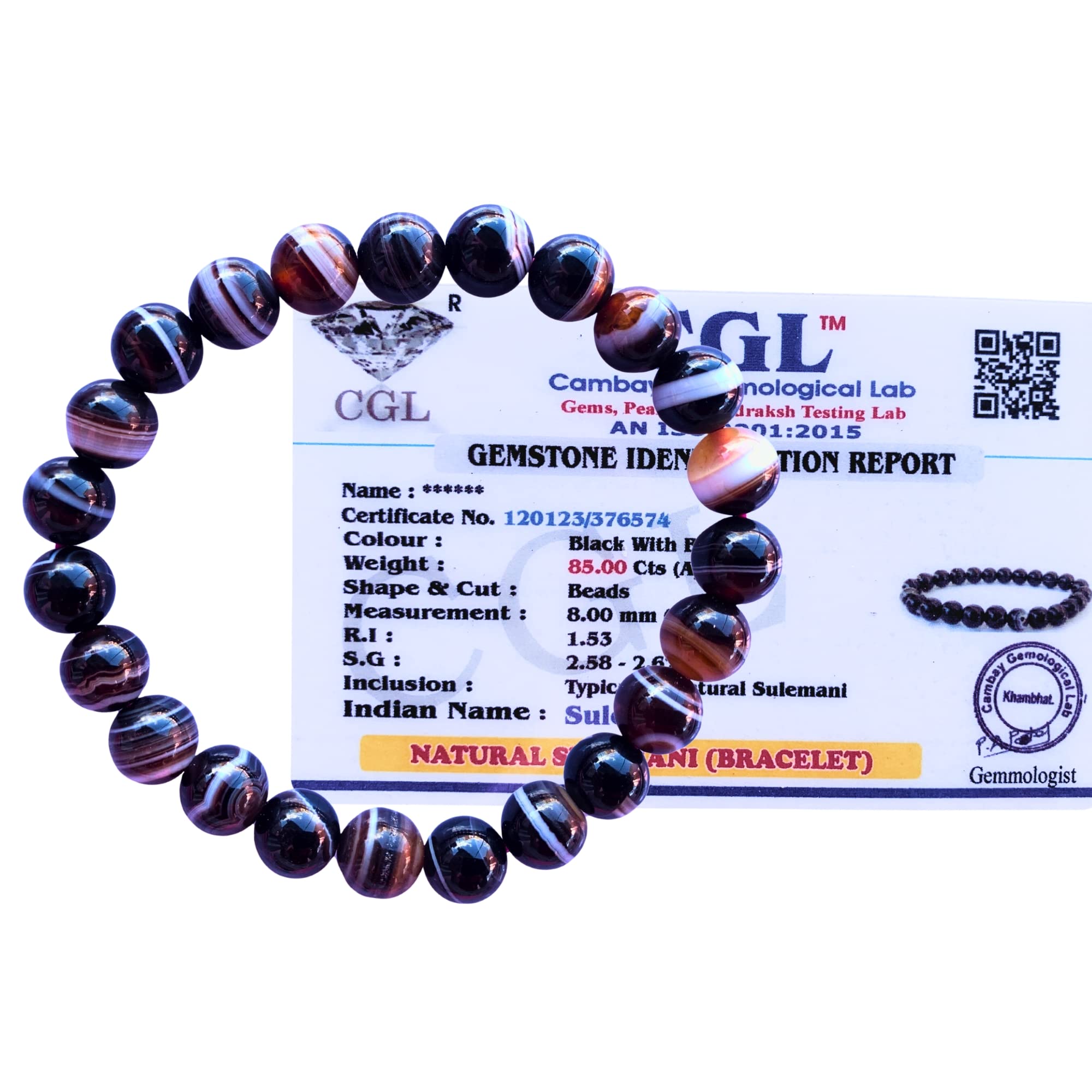 Apnisanskriti Certified Stone Bracelet (8mm) – Natural Reiki Feng Shui Round Gemstone – Free Size for Men & Women