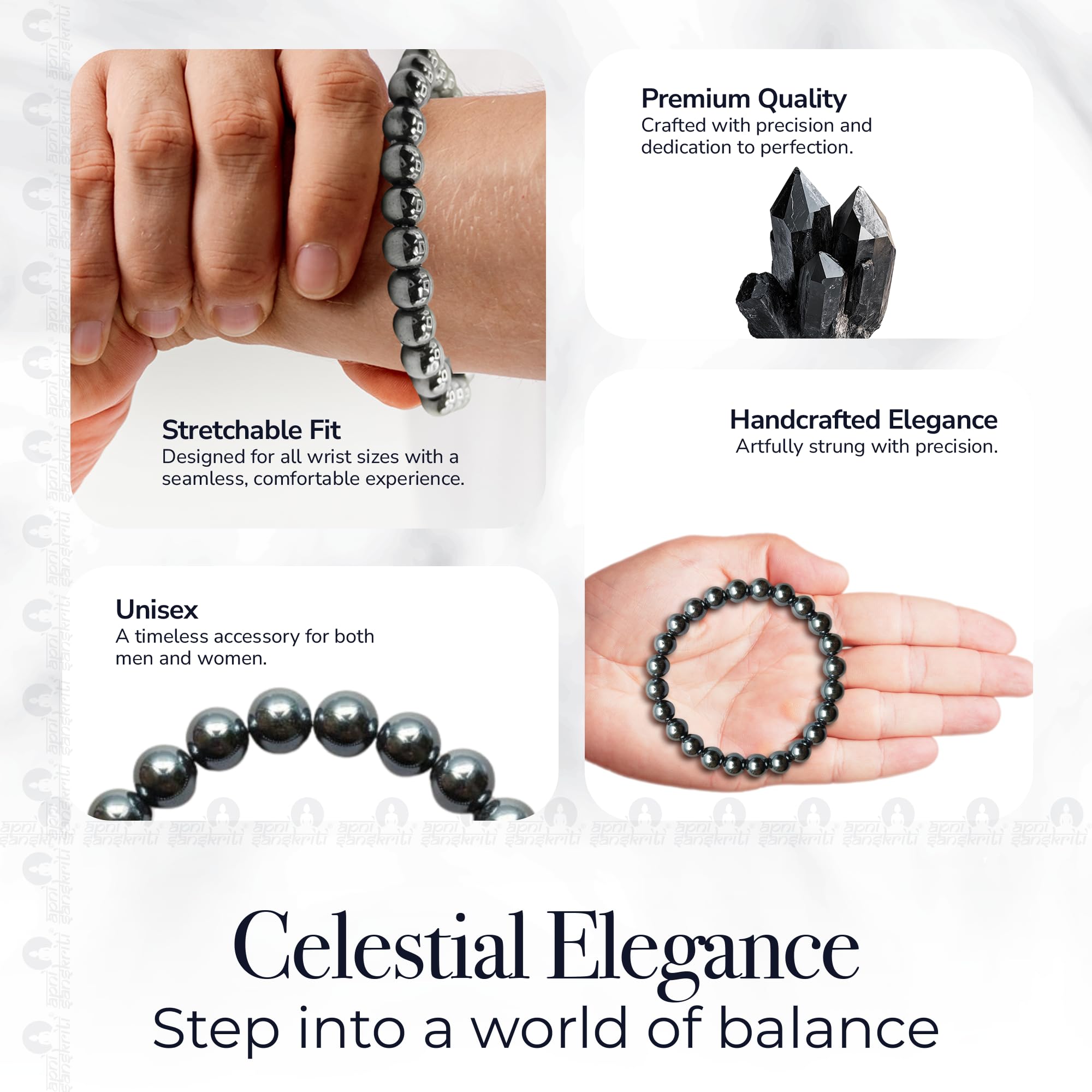 Apnisanskriti Certified Stone Bracelet (8mm) – Natural Reiki Feng Shui Round Gemstone – Free Size for Men & Women