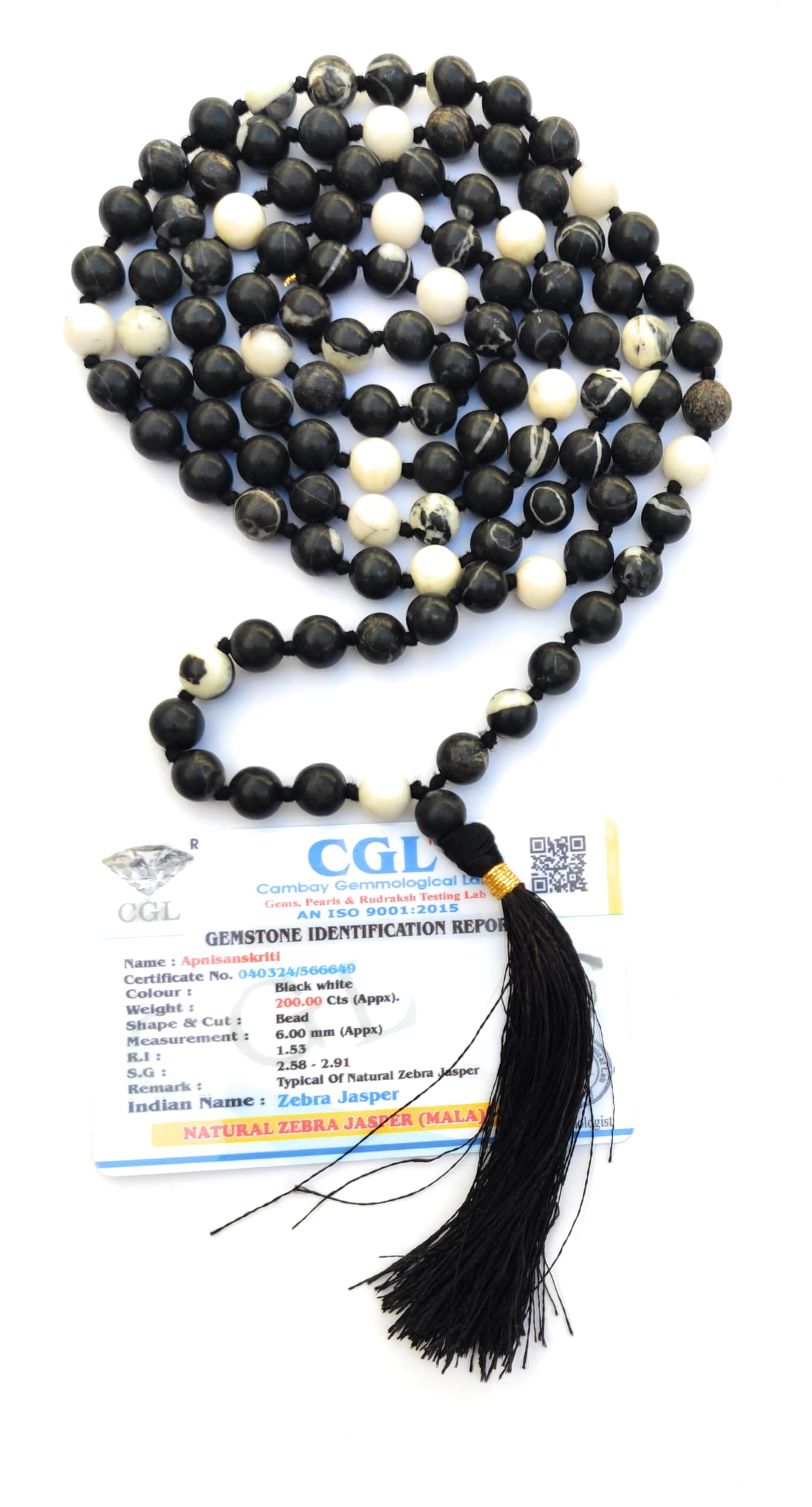 Apnisanskriti 8mm Zebra Jasper Mala - Harmonizing Beads for Balance and Spiritual Clarity (Pack of 1)