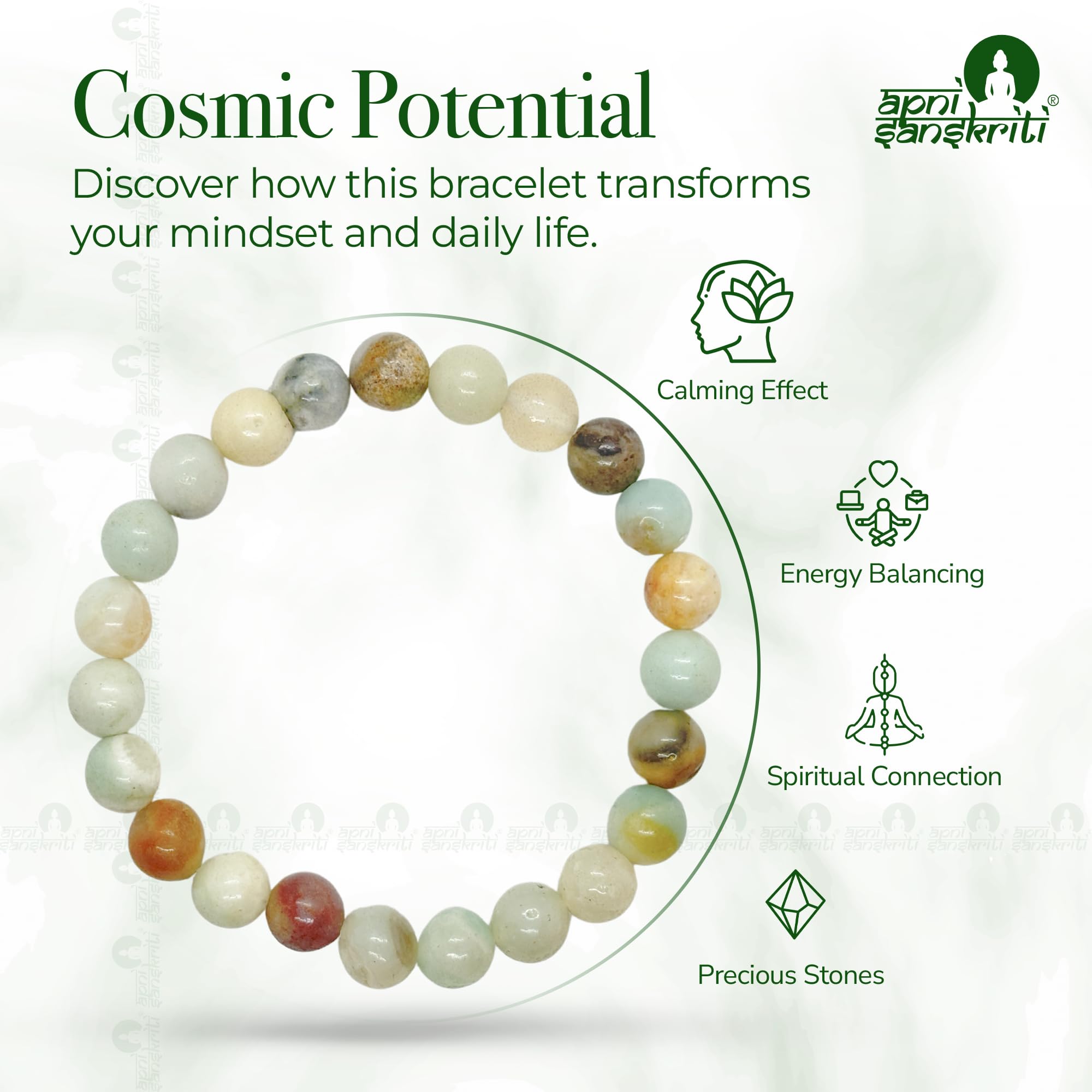 Apnisanskriti Certified Stone Bracelet (8mm) – Natural Reiki Feng Shui Round Gemstone – Free Size for Men & Women