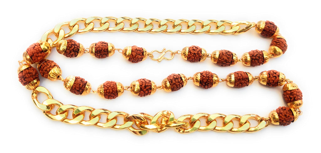 Apnisanskriti Designer Rudraksha Mala with Golden Chain (10 mm, 20 Beads, 24 Inch, Long Length) - Natural Rudraksh Beads - Pack of 1