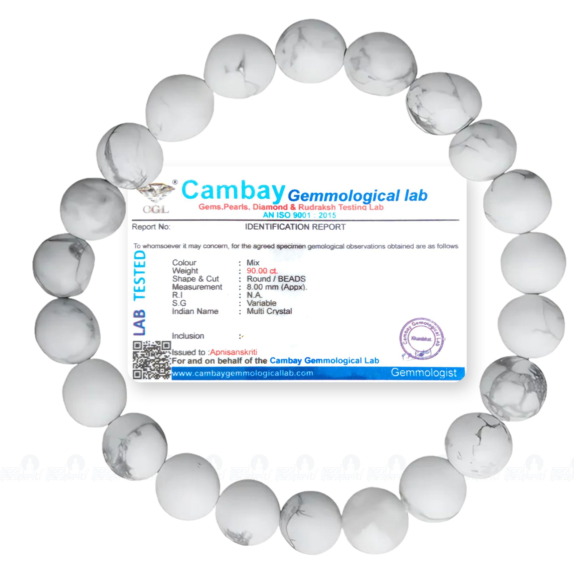 Apnisanskriti Certified Stone Bracelet (8mm) – Natural Reiki Feng Shui Round Gemstone – Free Size for Men & Women