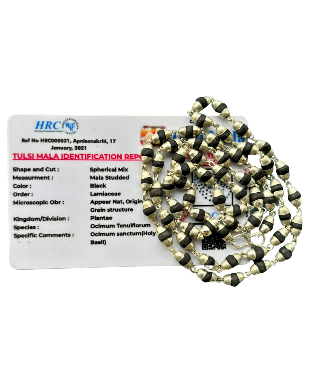 Apnisanskriti Black Tulsi Mala In Silver Designer Caps (3-4 mm, 55 beads, Lab Certified ) - Natural Black Tulsi Beads - Silver Plated- Pack of 1