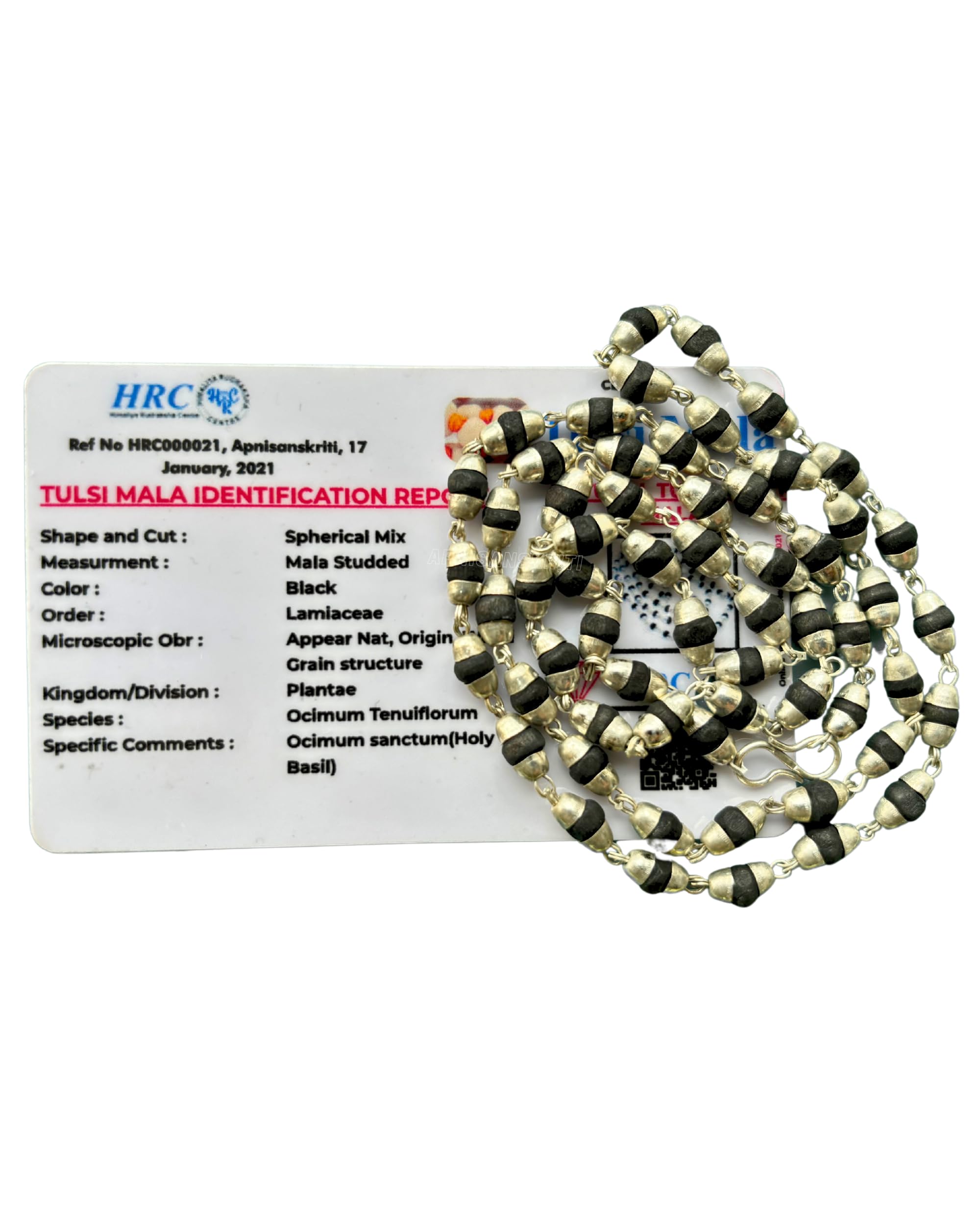 Apnisanskriti Black Tulsi Mala In Silver Designer Caps (3-4 mm, 55 beads, Lab Certified ) - Natural Black Tulsi Beads - Silver Plated- Pack of 1