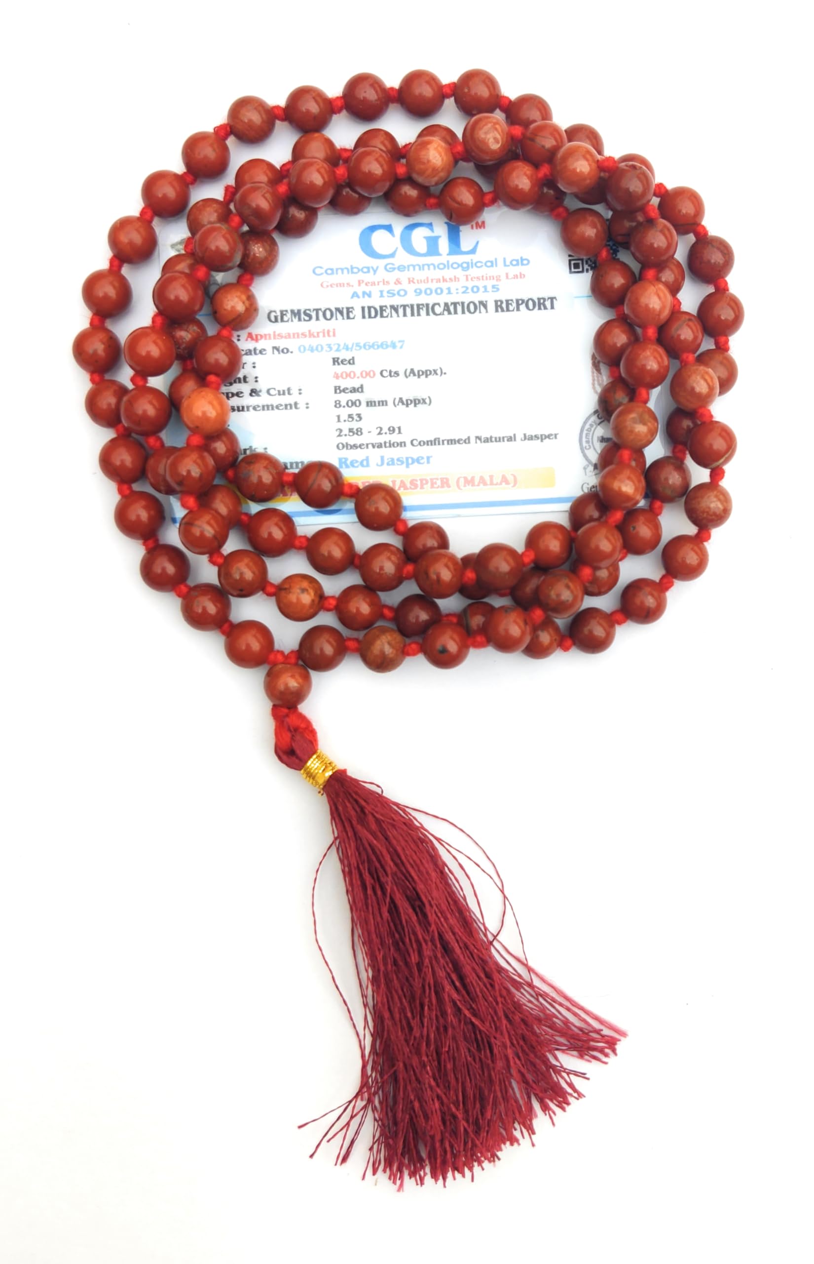 Apnisanskriti 8mm Red Jasper Mala - Grounding and Vitality in Spiritual Practice (Pack of 1)