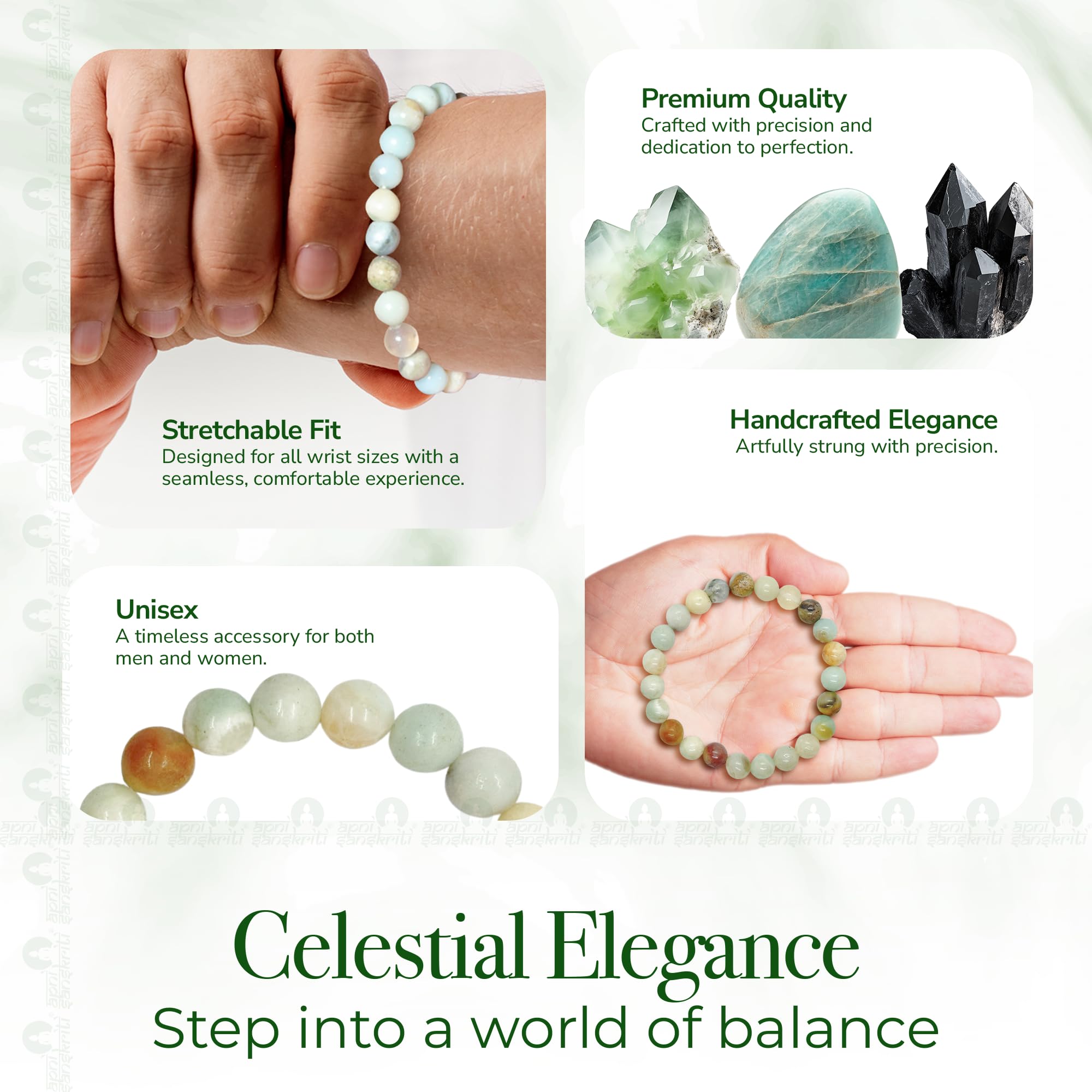 Apnisanskriti Certified Stone Bracelet (8mm) – Natural Reiki Feng Shui Round Gemstone – Free Size for Men & Women